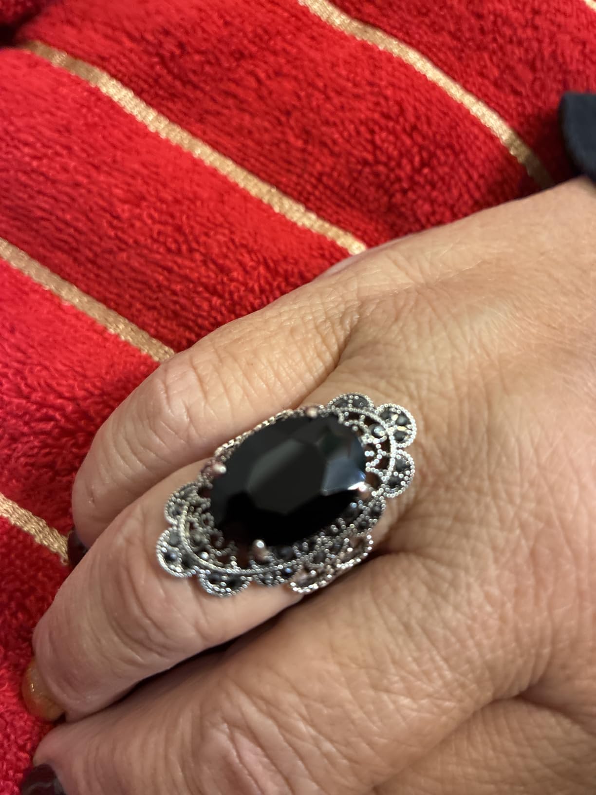 Mytys Retro Vintage Cocktail Statement Ring Black Marcasite & Crystal Rings for Women Antique Silver Big Black Onyx Stone Ring customer photo 1