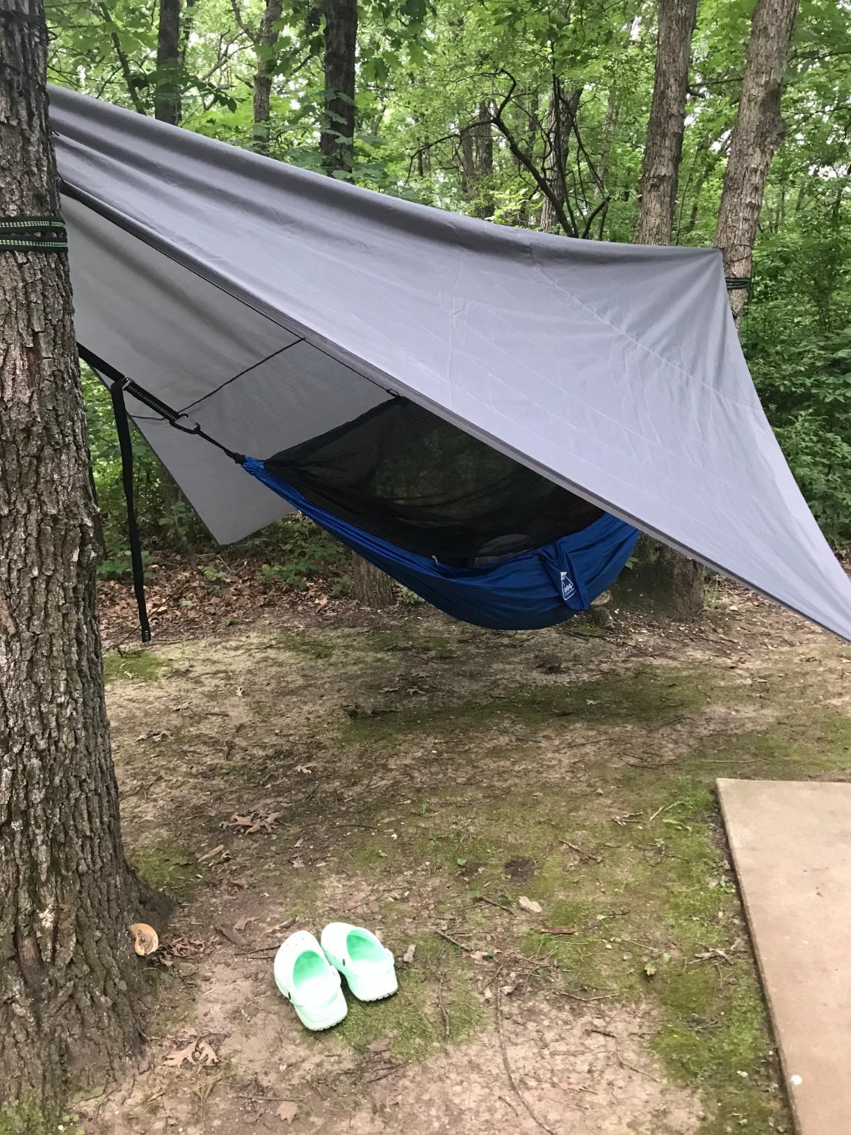 Oak Creek Lost Valley Camping Hammock Bundle Includes Mosquito Net, Rain Fly, Tree Straps, Compression Sack. Weighs Four Pounds, Perfect for Camping. Lightweight Nylon Single Hammock. Blue and Gray customer photo 2