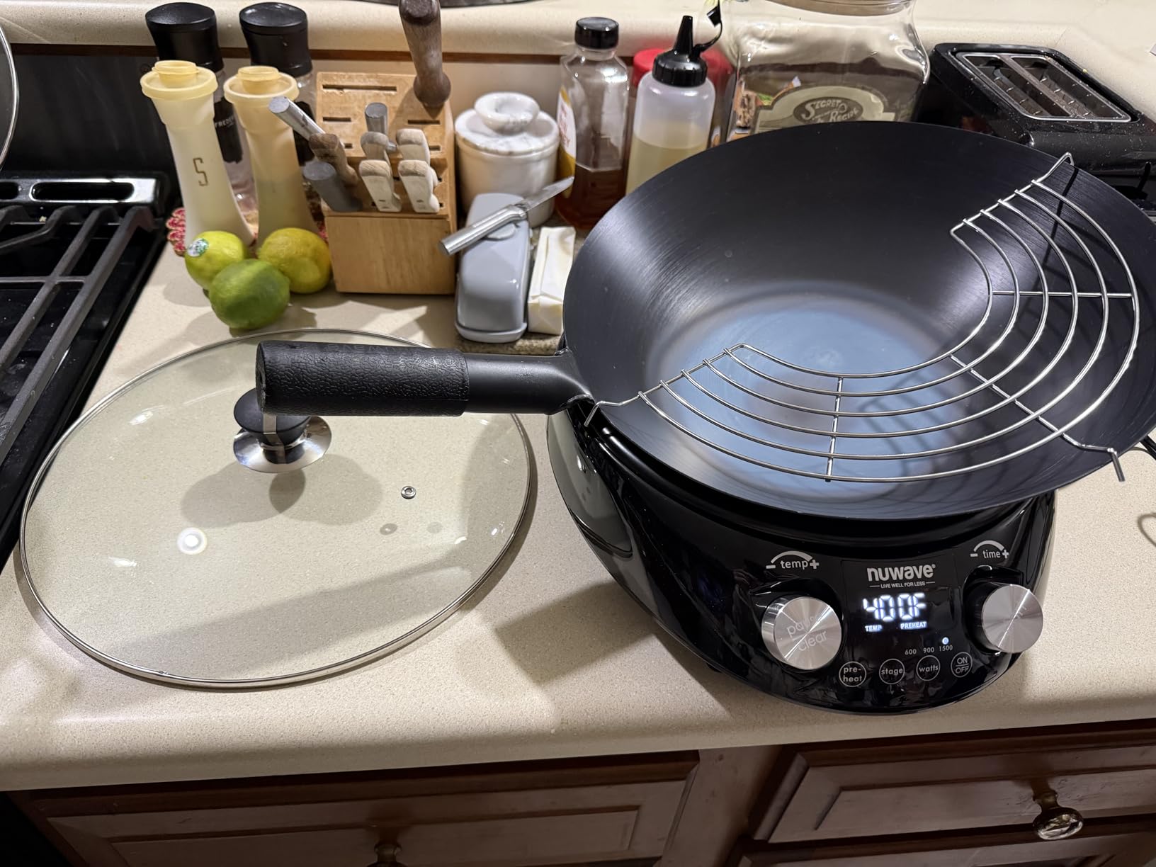 Nuwave Mosaic Induction Wok, Precise Temp Controls from 100°F to 575°F in 5°F, Wok Hei, Infuse Complex Charred Aroma & Flavor, 3 Watts 600,900 & 1500, Authentic 14-inch Carbon Steel Wok Included,Black customer photo 1