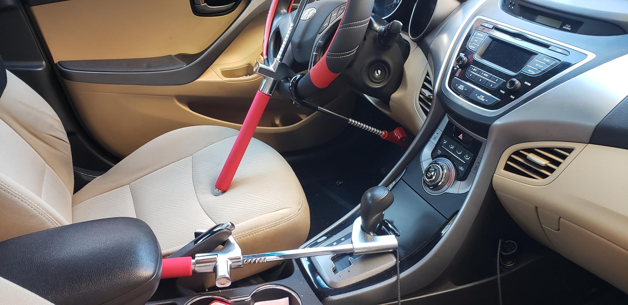 Tevlaphee Steering Wheel Lock for Cars, Wheel Lock, Vehicle Anti-Theft Lock, Adjustable Length Clamp Double Hook Universal Fit Emergency Hammer Window Breaker Self Defense Heavy Duty Secure customer photo 1