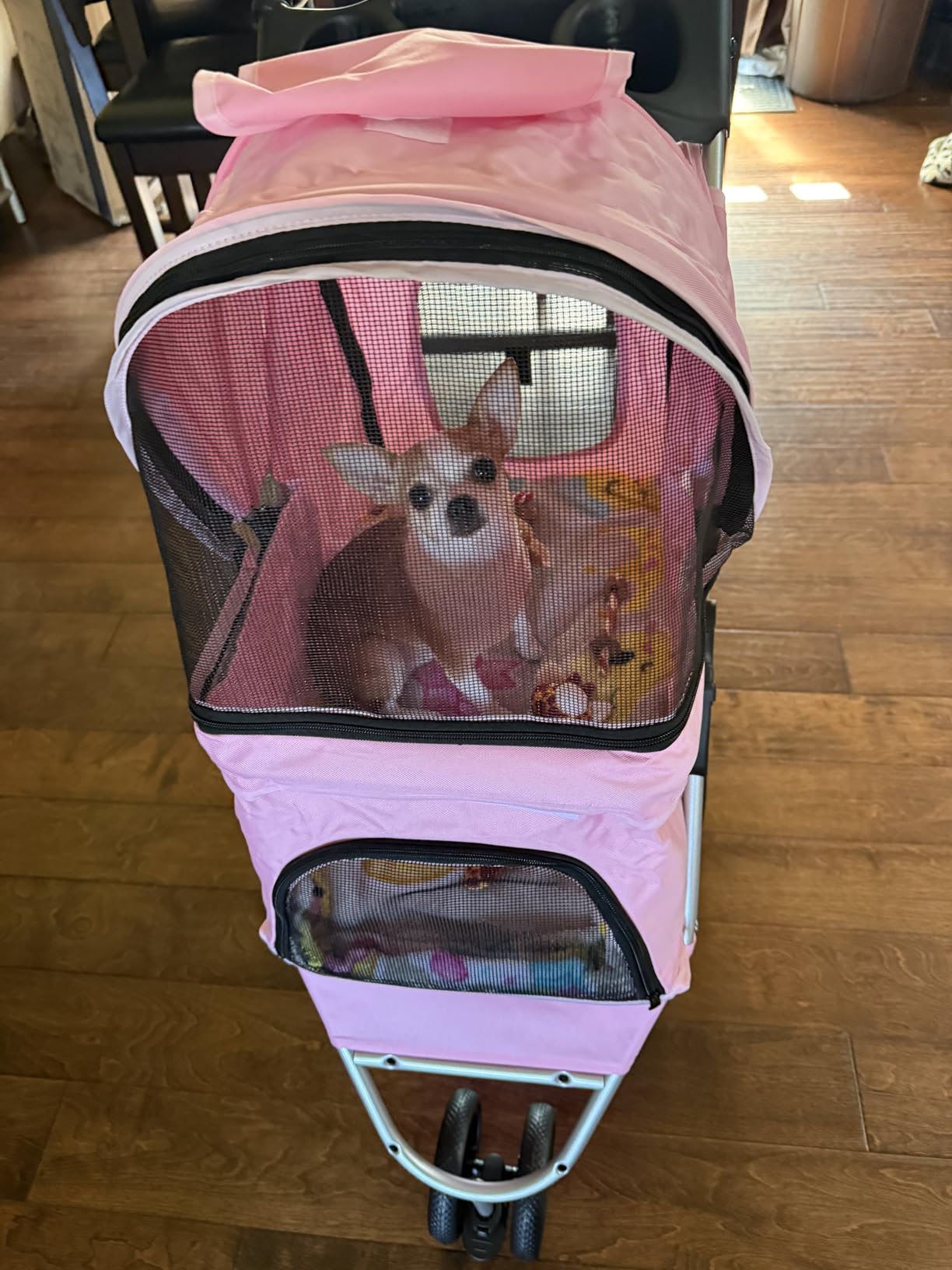 Magshion 3-Wheel Pet Stroller, Foldable Travel Jogger for Small & Medium Dogs & Cats (Up to 33lbs), Lightweight Carrier with Breathable Mesh Cover, Cup Holder & Storage Basket, Pink customer photo 1