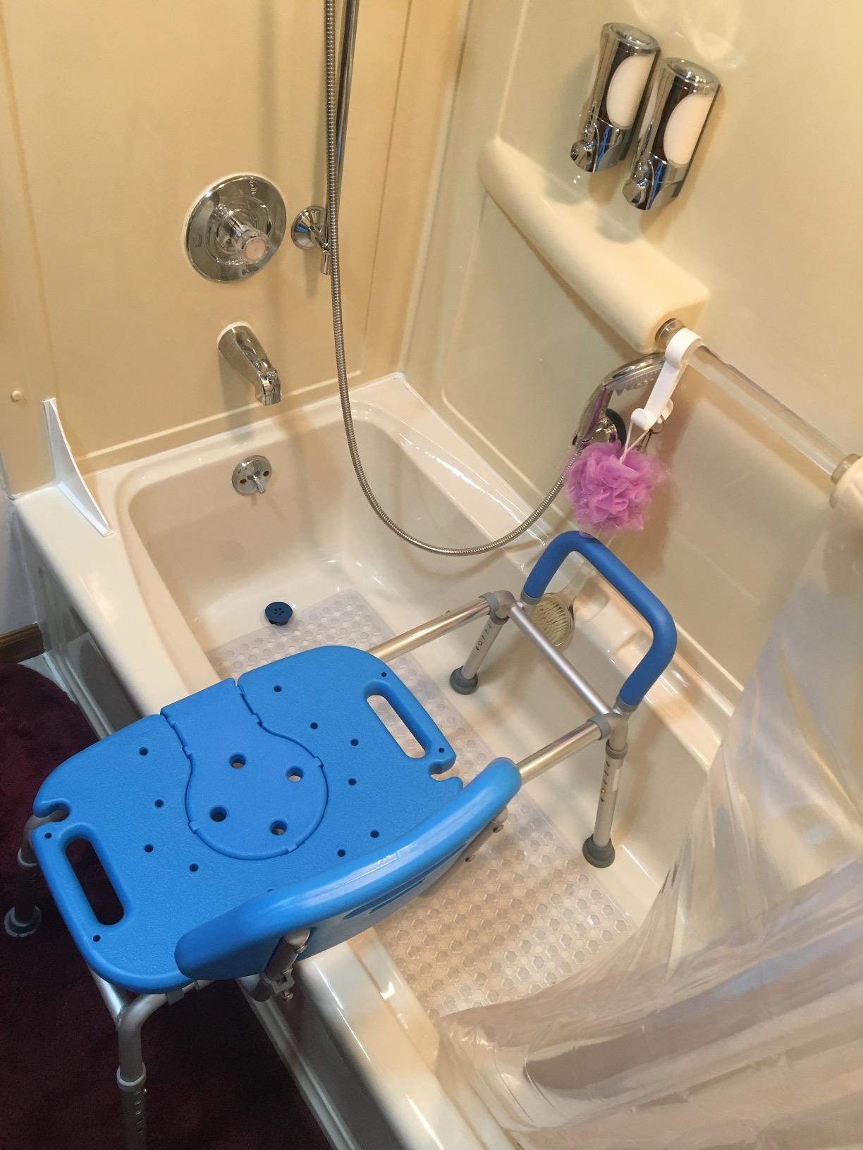 Platinum Health Sliding Shower Chair HydroGlyde Premium Heavy Duty, Padded Bathtub Transfer Bench with Cut Out Seat, for Bath Tub, Adjustable Legs, and Safety Belt, Quick Tool-Less Assembly, Gray customer photo 2