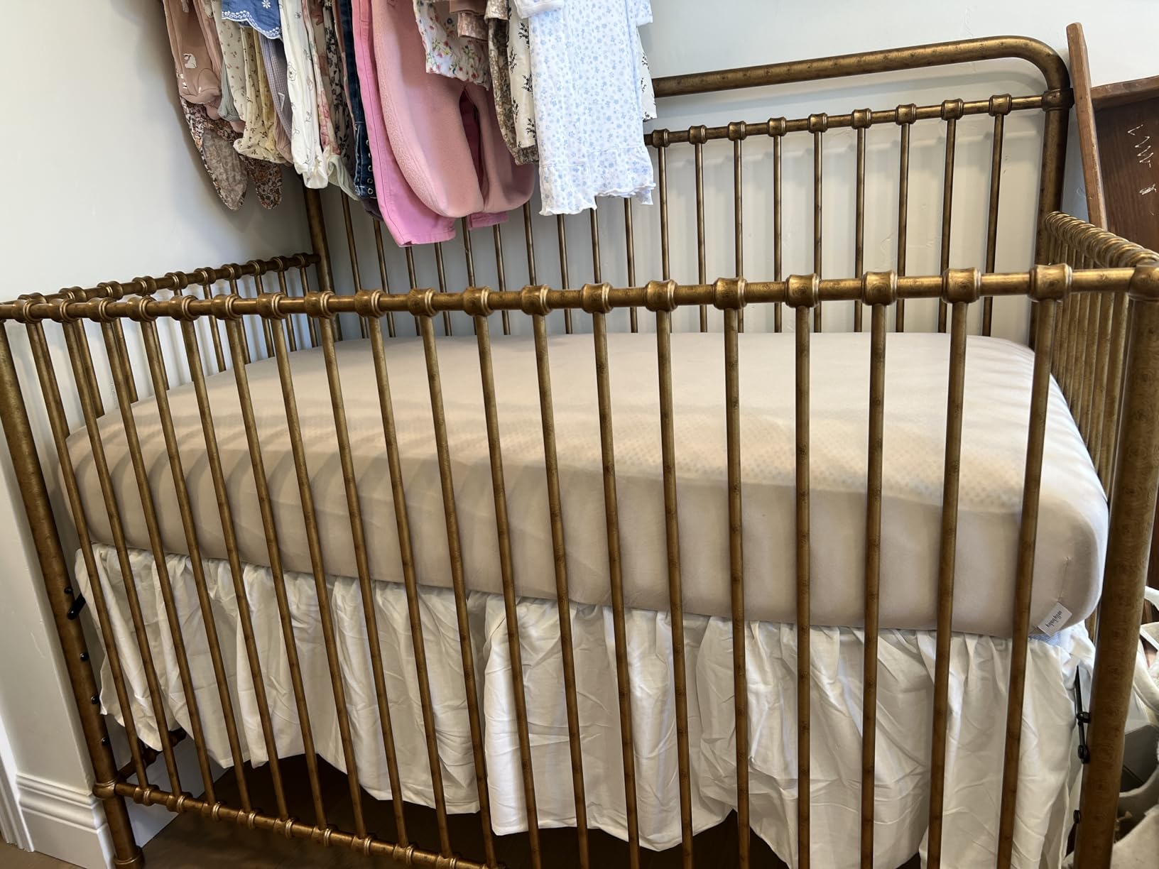 Namesake Winston 4-in-1 Convertible Crib - GREENGUARD Gold Certified Metal Baby Crib Convertible to Toddler Bed, Daybed, Full Size Bed w/ 4 Mattress Heights - Vintage Gold Bedside Crib for Baby customer photo 1