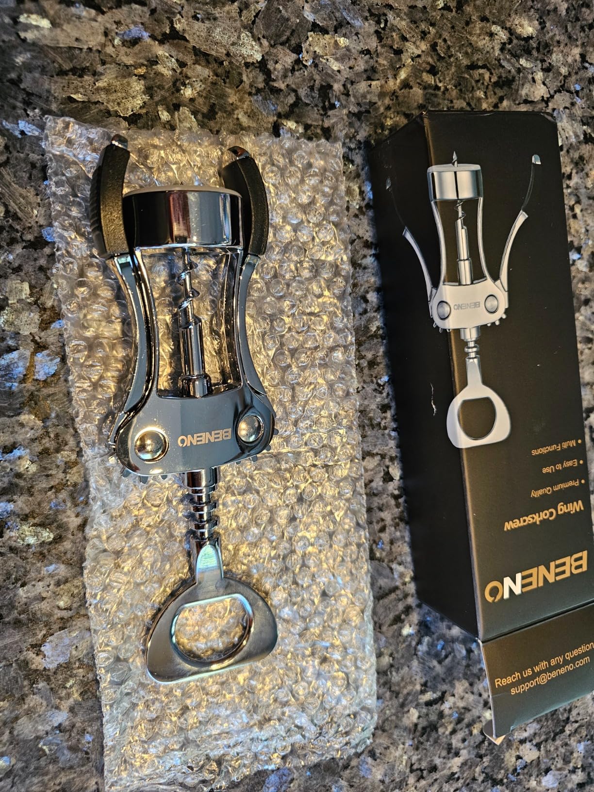 Beneno Wine Opener, Zinc Alloy Premium Wing Corkscrew with Multifunctional Bottles Opener, Sharp Wine Corkscrew with Ergonomic Non-Slip Wing Handle, Silver customer photo 1