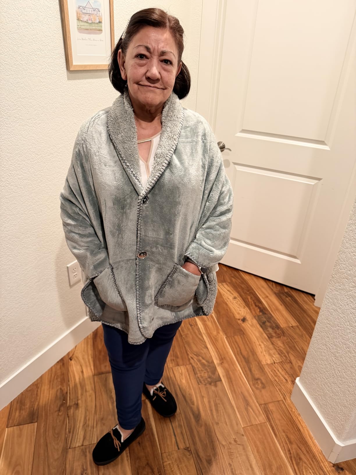 EzrAllora Premium Double Layer Poncho Blanket - No Sleeves Easy On Easy Off- Drape and Go- 2 pockets - Gifts for Grandma (Silver Grey) customer photo 1