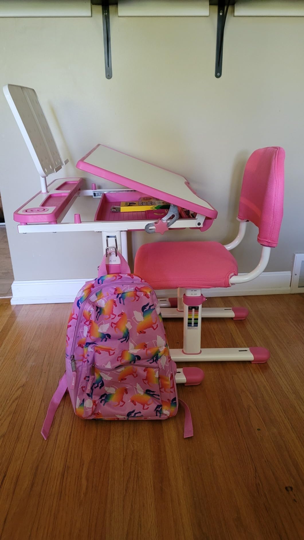 Artist hand Kids Desk and Chair Set, Ergonomic Height Adjustable Kids Desk with Tiltable Desktop, LED Light & Pull-Out Drawer, Kids Drawing Table Study Desk for Kids 3-12 Boys Girls, Pink customer photo 1