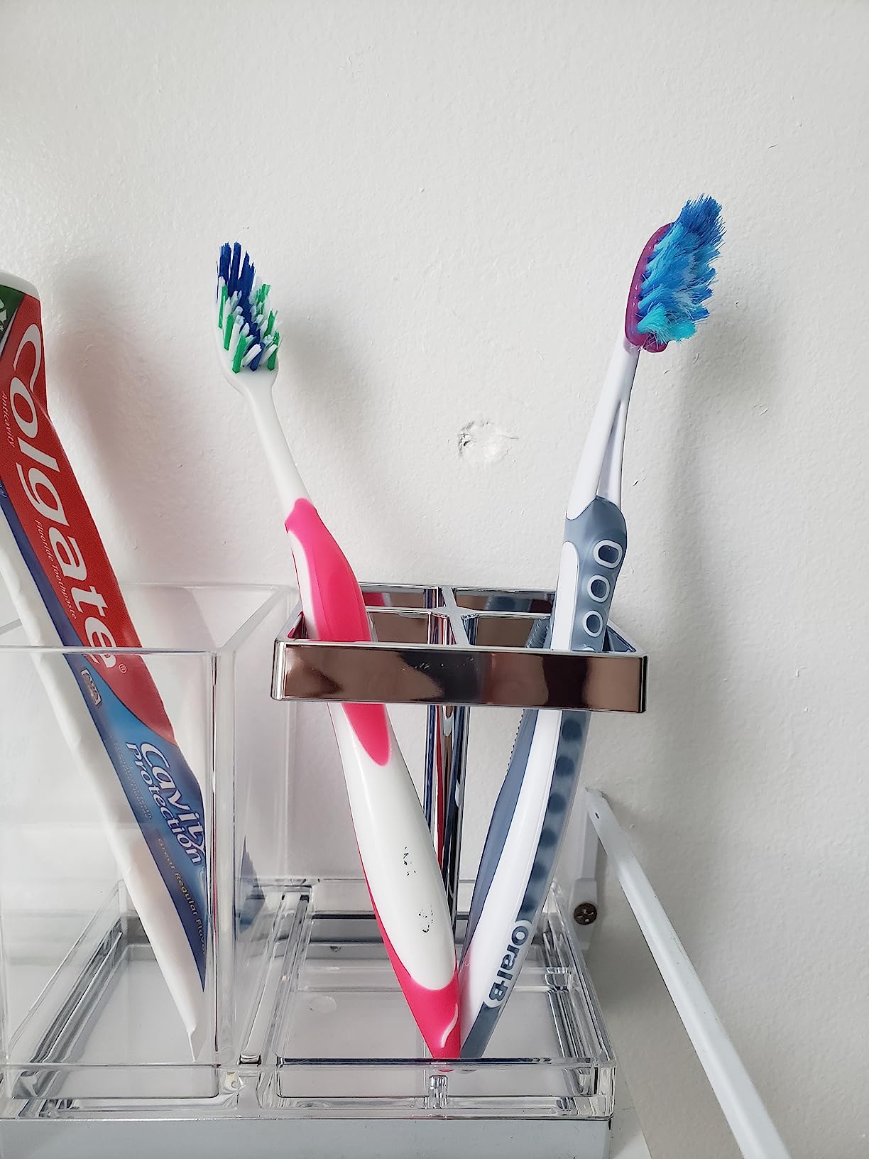 mDesign Plastic Toothbrush and Toothpaste Storage Organizer Holder - Home Decor for Bathroom Countertop - Holds Toiletries and Beauty Accessories - Lumiere Collection - Clear/Chrome customer photo 1
