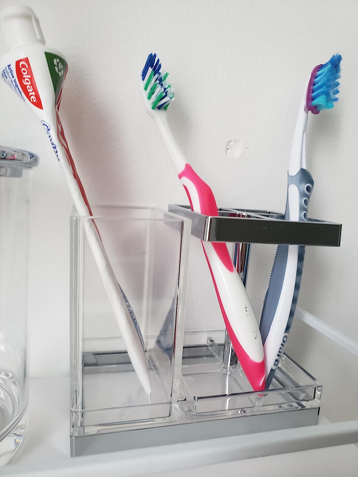 mDesign Plastic Toothbrush and Toothpaste Storage Organizer Holder - Home Decor for Bathroom Countertop - Holds Toiletries and Beauty Accessories - Lumiere Collection - Clear/Chrome customer photo 2