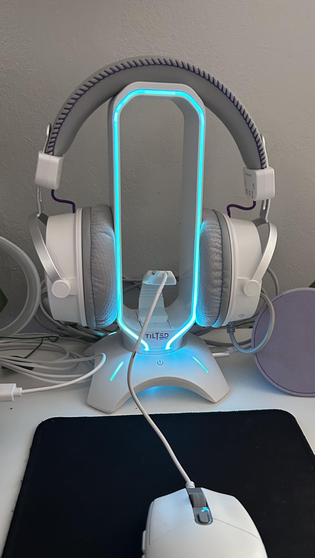 Gaming Headphone Stand | RGB Headset Stand White | Headset Holder for Desk with Mouse Bungee and USB Hub | The Ultimate Gaming Accessories for Gamers for PS5, Xbox, PC - White customer photo 2