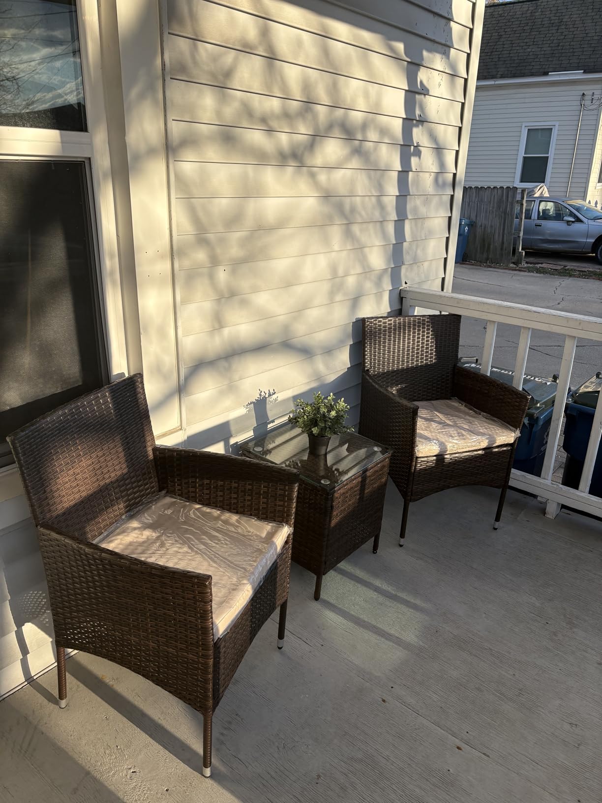 Greesum 3 Pieces Patio Furniture Sets Outdoor PE Rattan Wicker Chairs with Soft Cushion and Glass Coffee Table for Garden Backyard Porch Poolside, Brown and Beige customer photo 2