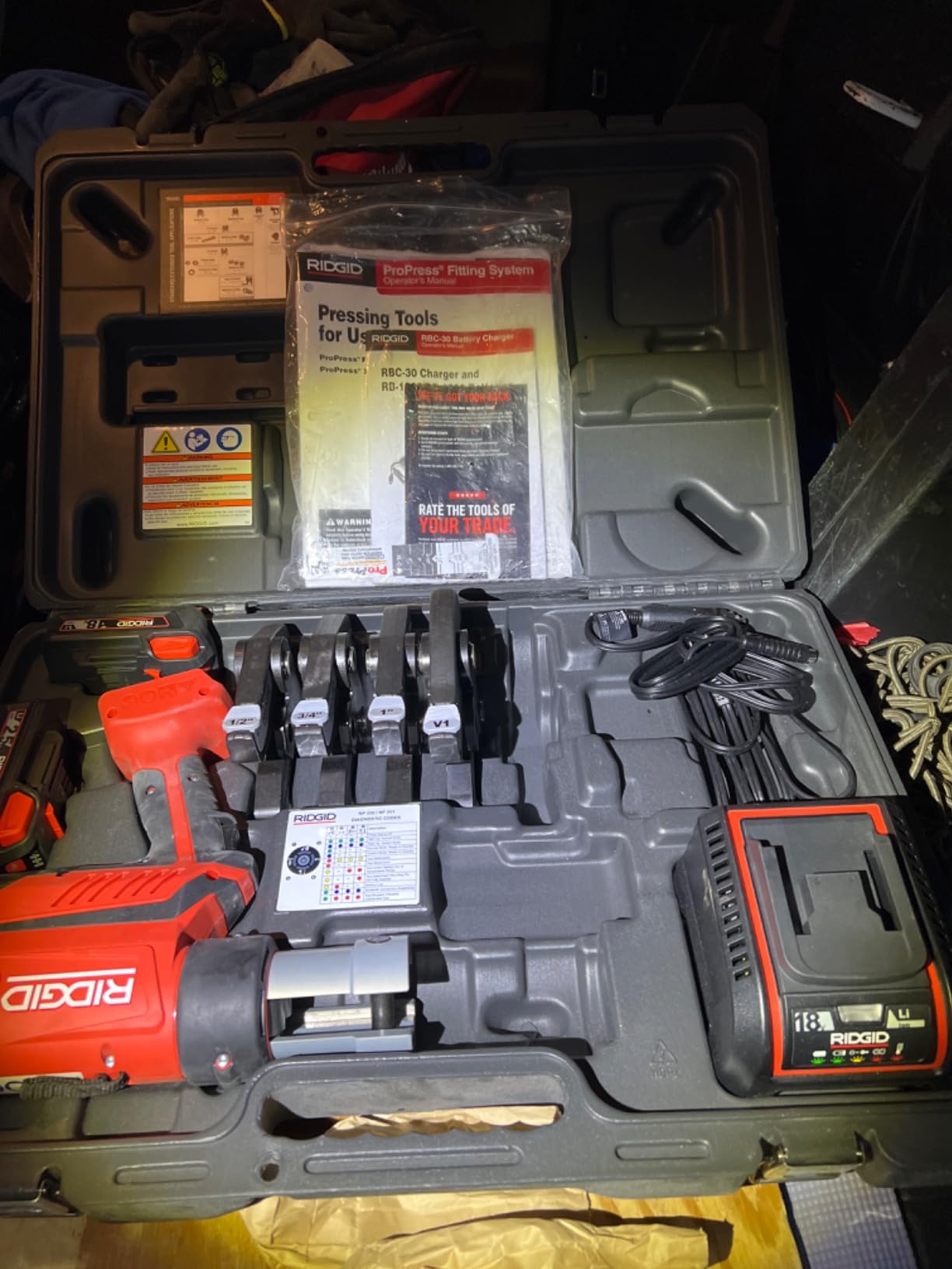 RIDGID 67053 RP 350 ProPress 8-Piece Pressing Tool Kit with 18-Volt Battery, Charger, 4 ProPress Press Tool Jaws (1/2
