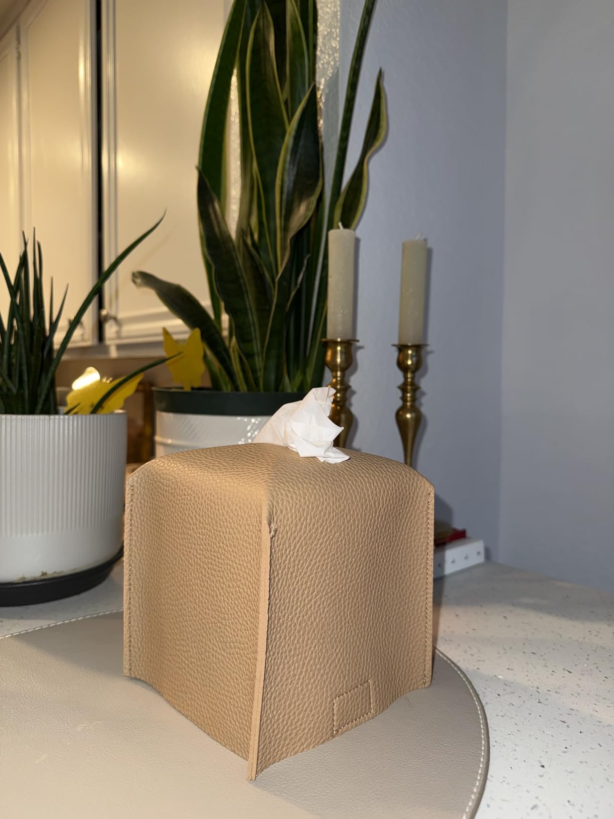 Tissue Box Cover Holder, Square with Bottom Belt by Carrot's Den - PU Leather Decorative Organizer for Tabletop, Bathroom, Car, Office | Beige customer photo 1
