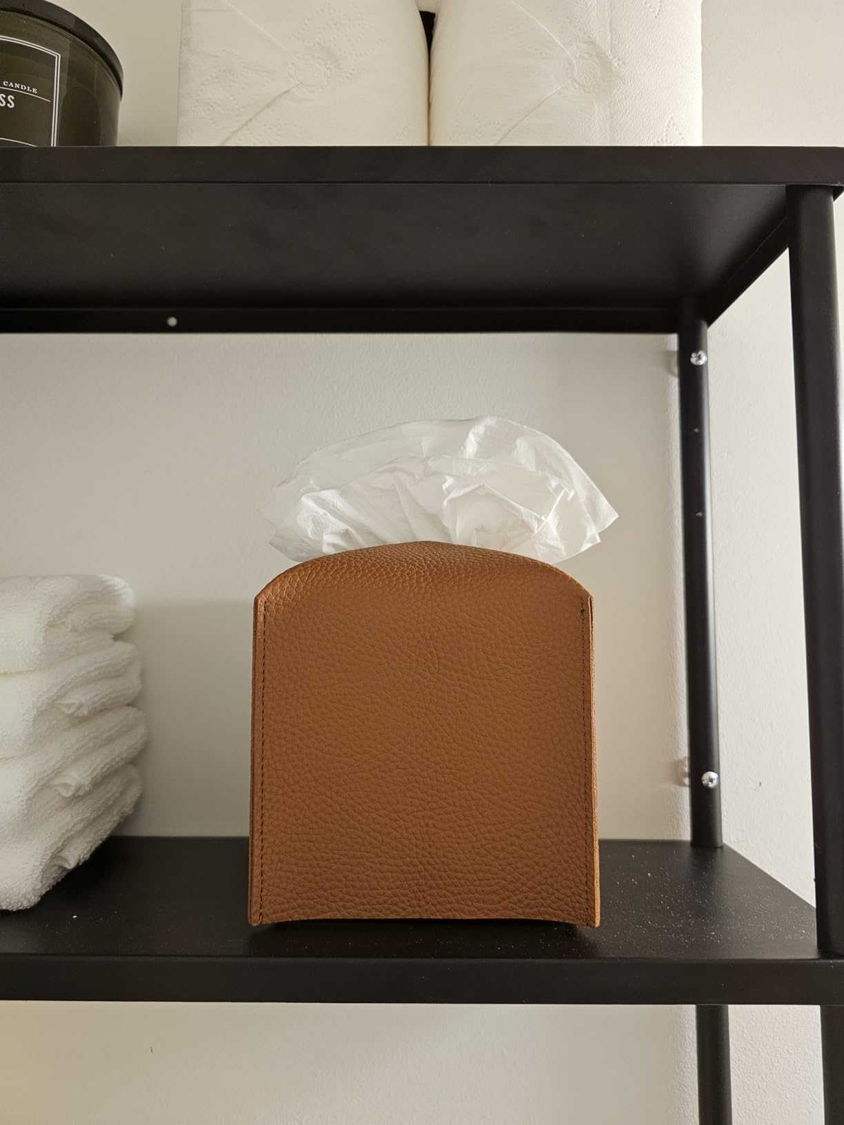 Tissue Box Cover Holder, Square with Bottom Belt by Carrot's Den - PU Leather Decorative Organizer for Tabletop, Bathroom, Car, Office | Beige customer photo 2