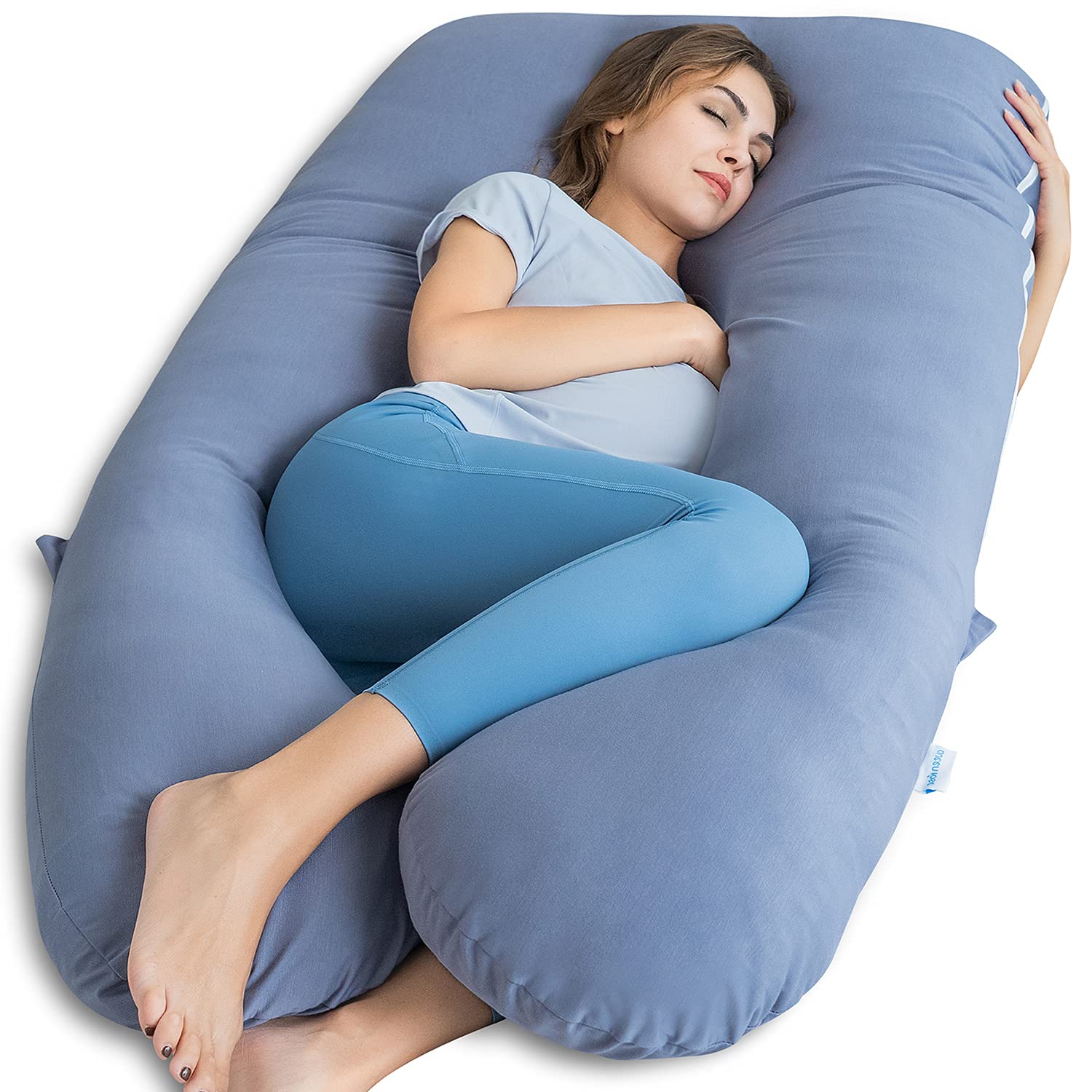 QUEEN ROSE Pregnancy Pillow, U Shaped Full Body Pillows for Sleeping Support, 55 Inch Maternity Pillow for Pregnant Women with Cooling Silky Cover, Blue customer photo 1