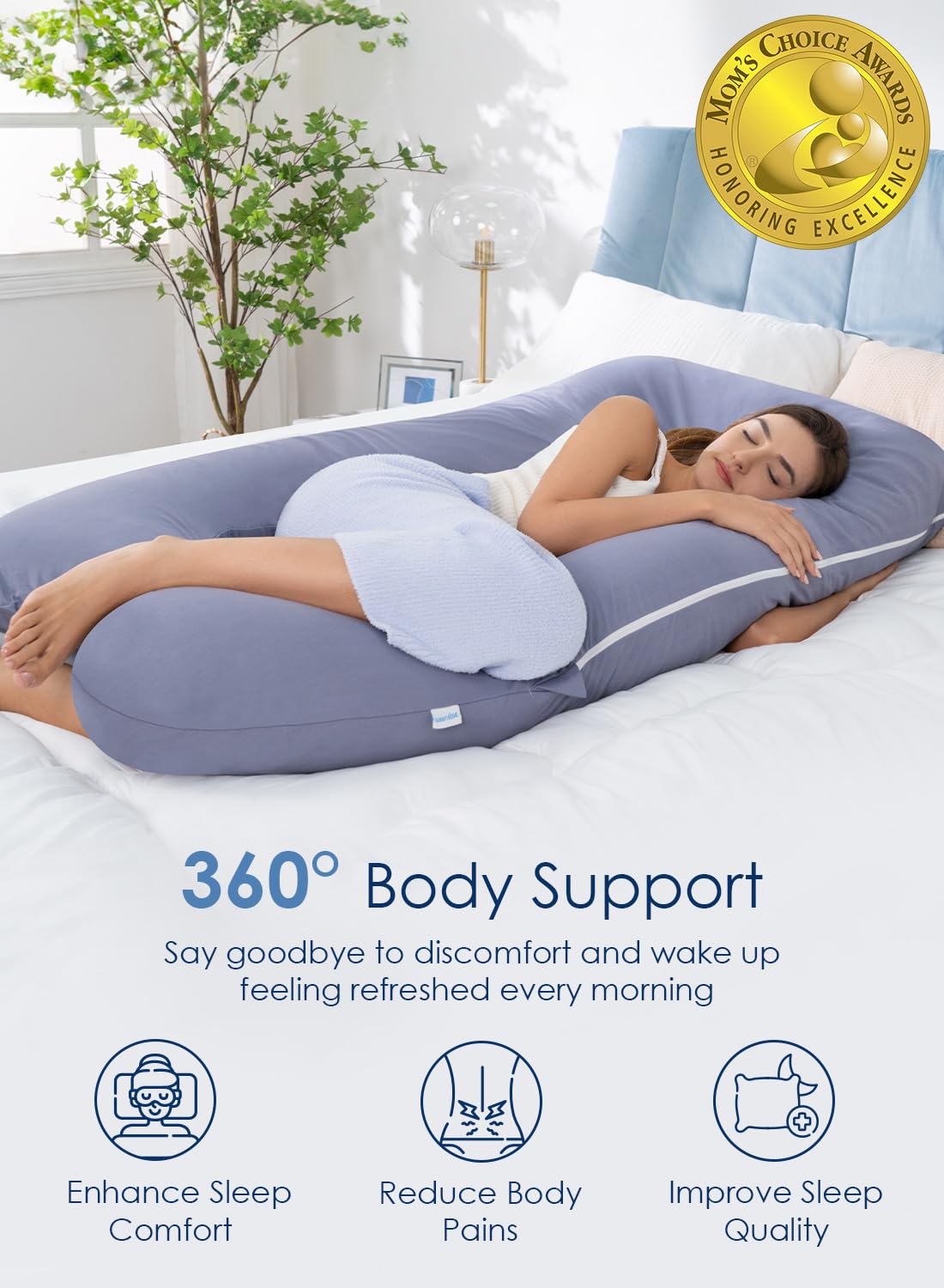 QUEEN ROSE Pregnancy Pillow, U Shaped Full Body Pillows for Sleeping Support, 55 Inch Maternity Pillow for Pregnant Women with Cooling Silky Cover, Blue customer photo 2