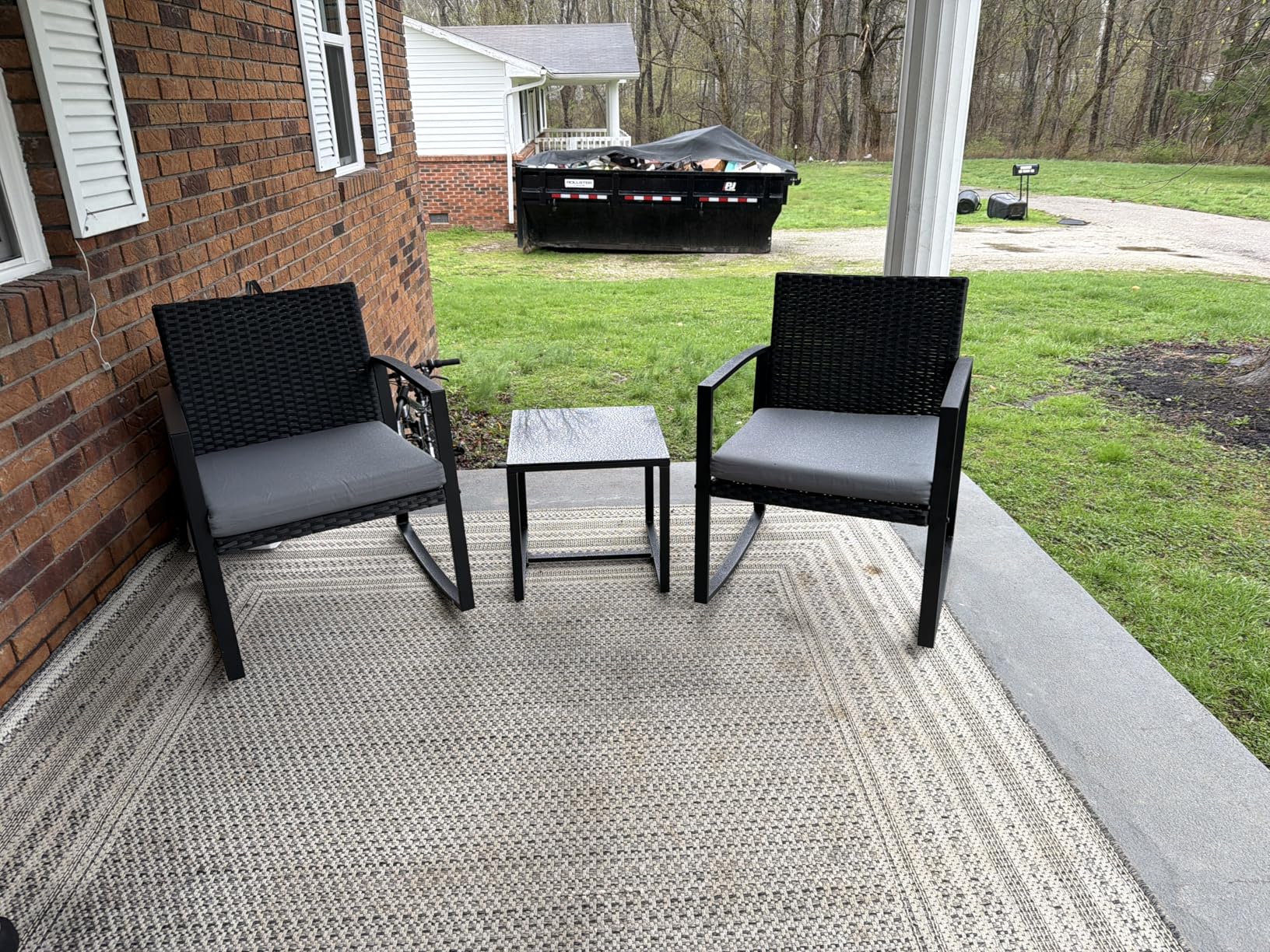 Qsun 3 Pieces Outdoor Patio Furniture Set Rocking Bistro Set Outdoor Rattan Conversation with Coffee Table for Garden Balcony Backyard Poolside (Grey Cushion) customer photo 2