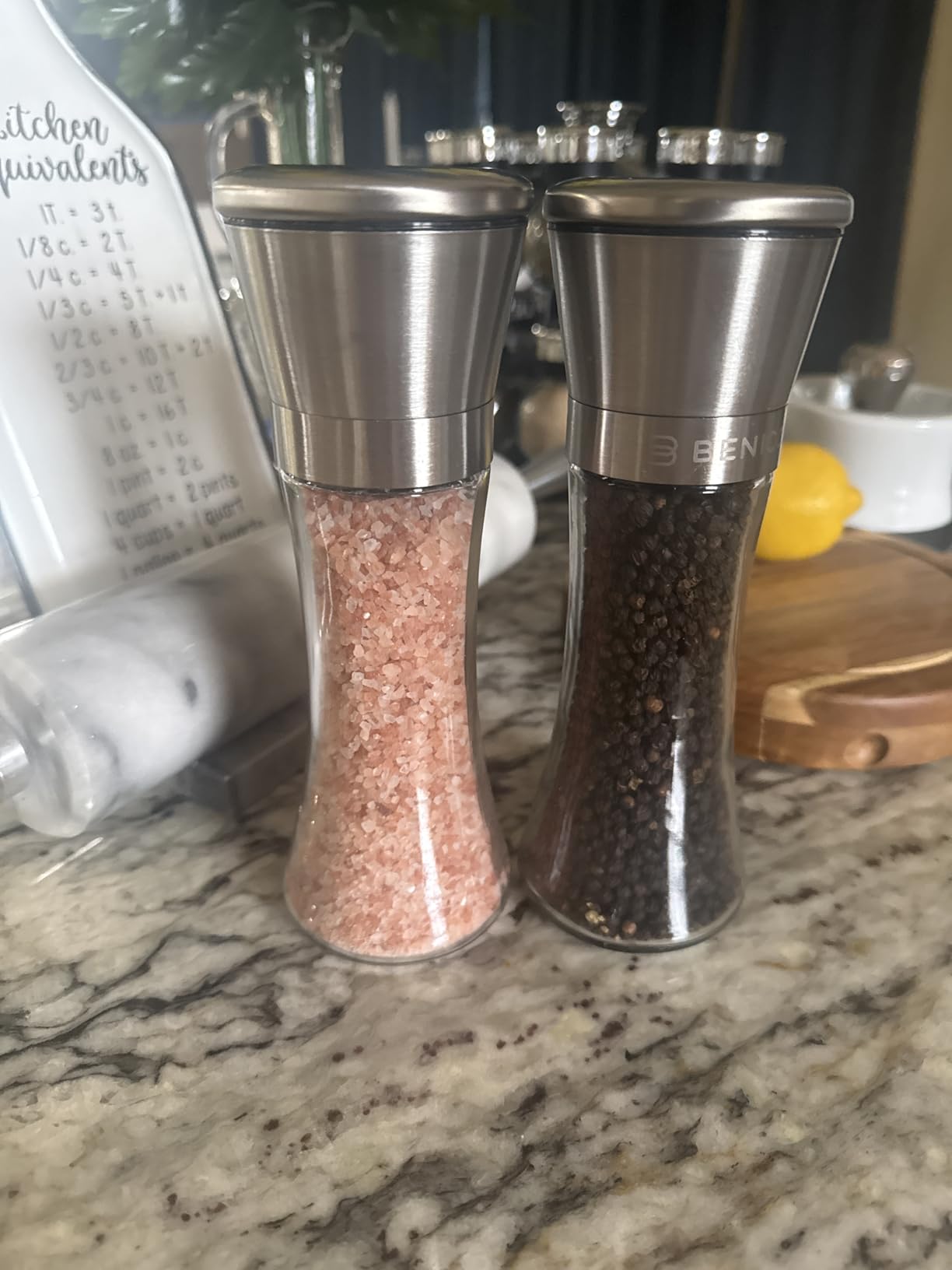 Premium Salt and Pepper Grinder Set of 2 - Two Refillable Stainless Steel Sea Salt & Spice Shakers with Adjustable Coarse Mills - Easy Clean Ceramic Grinders w/BONUS Silicone Funnel & Cleaning Brush customer photo 1