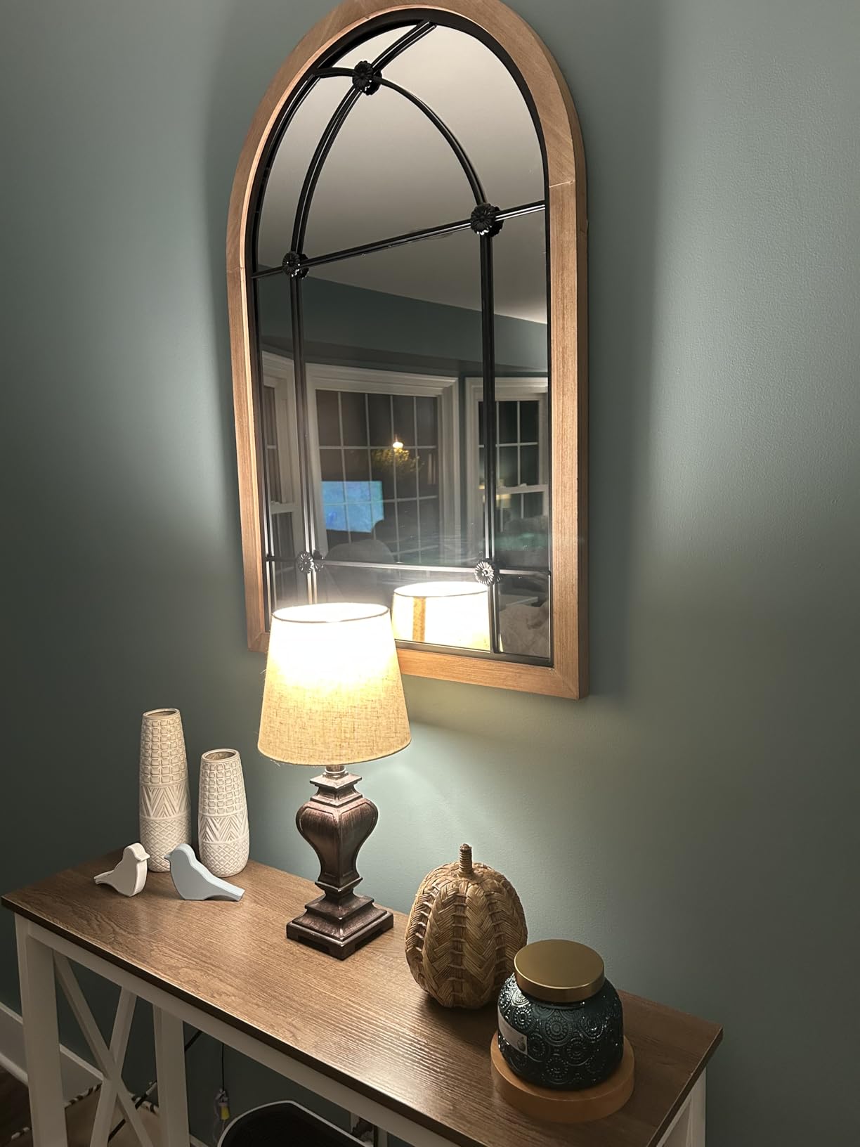 blue page 36x24 Inch Arched Wall Mirror, Rustic Wood Framed Farmhouse Mirror with Window Pane Design for Entryway, Bathroom and Living Room Decor, Window Brown customer photo 2