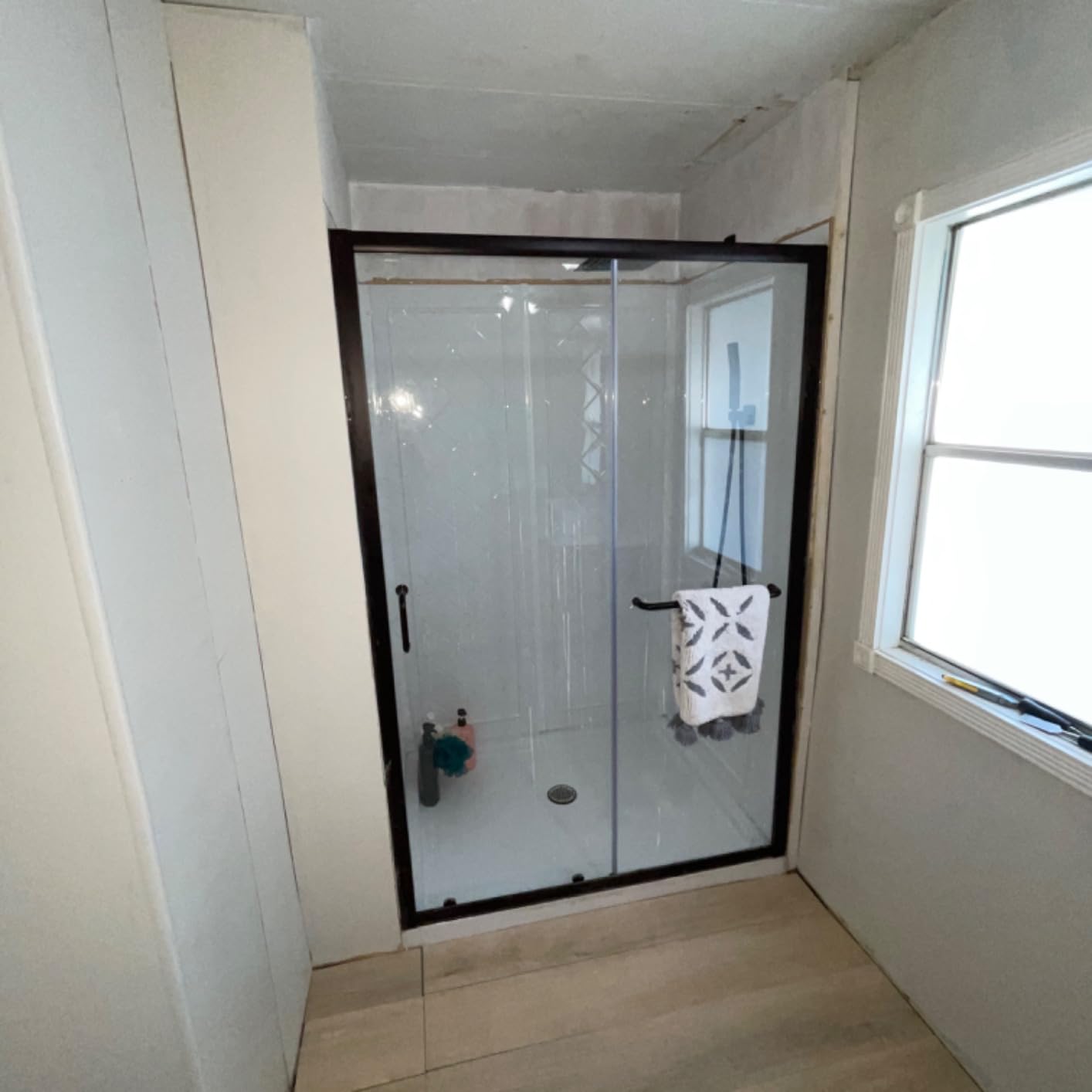 DreamLine Infinity-Z 36 inch D x 48 inch W x 76 3/4 inch H Semi-Frameless Sliding Shower Door in Oil Rubbed Bronze, Shower Base, and Wall Kit in White customer photo 1
