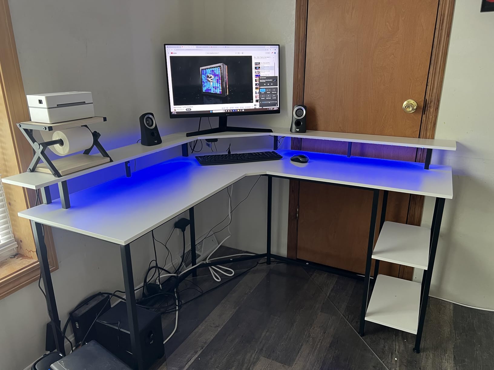 Rolanstar L Shaped Gaming Desk with LED Lights & Power Outlets, 53'' Computer Desk with Full Monitor Stand & Storage Shelf, Corner Desk with Hooks, Carbon Fiber Desk Reversible customer photo 1