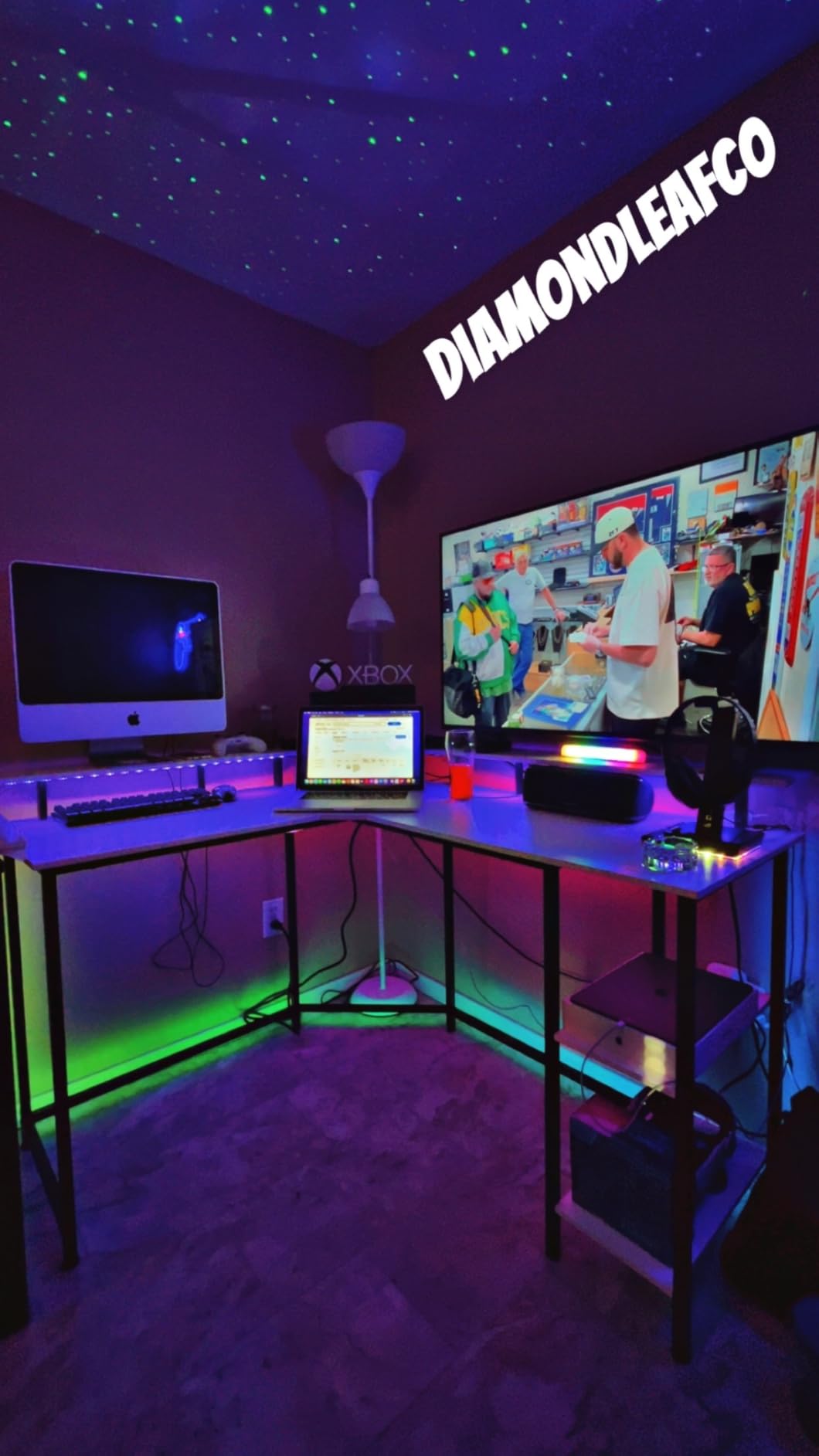Rolanstar L Shaped Gaming Desk with LED Lights & Power Outlets, 53'' Computer Desk with Full Monitor Stand & Storage Shelf, Corner Desk with Hooks, Carbon Fiber Desk Reversible customer photo 2