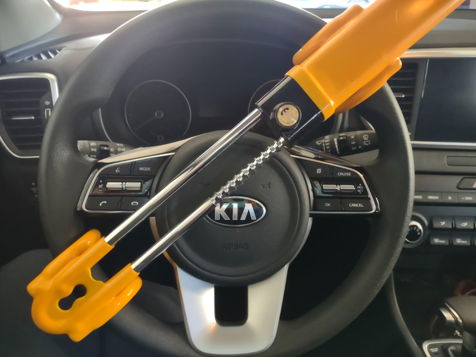Dodomes Steering Wheel Lock Anti-Theft Heavy Duty Secure Car Device, Adjustable Length Clamp Double Hook Locks Universal Fit (Yellow) customer photo 1