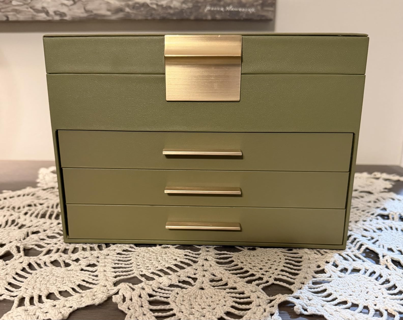 SONGMICS GISELLA Collection - Jewelry Box Organizer, 3-Layer Jewelry Storage with 2 Drawers, Shiny Metal Hardware, Glass Lid, Modern, 8 x 9.1 x 5.3 Inches, Forest Green and Gold Color UJBC239C01 customer photo 1