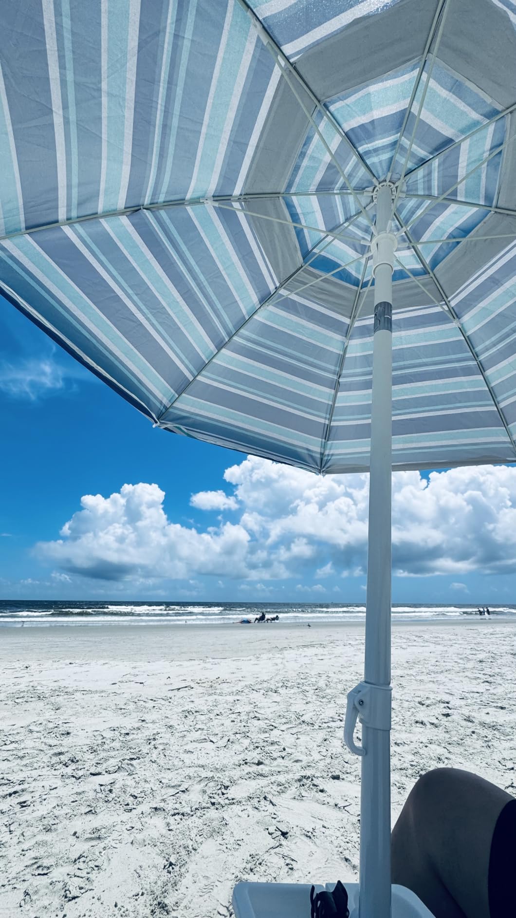 Aoxun Beach Umbrella with Tilt Pole, Portable Sand Anchor and Carry Bag, UPF 50+ Sun Shelter Air Vents Design for Outdoor Activities (Navy Blue & White), 6.5ft customer photo 2