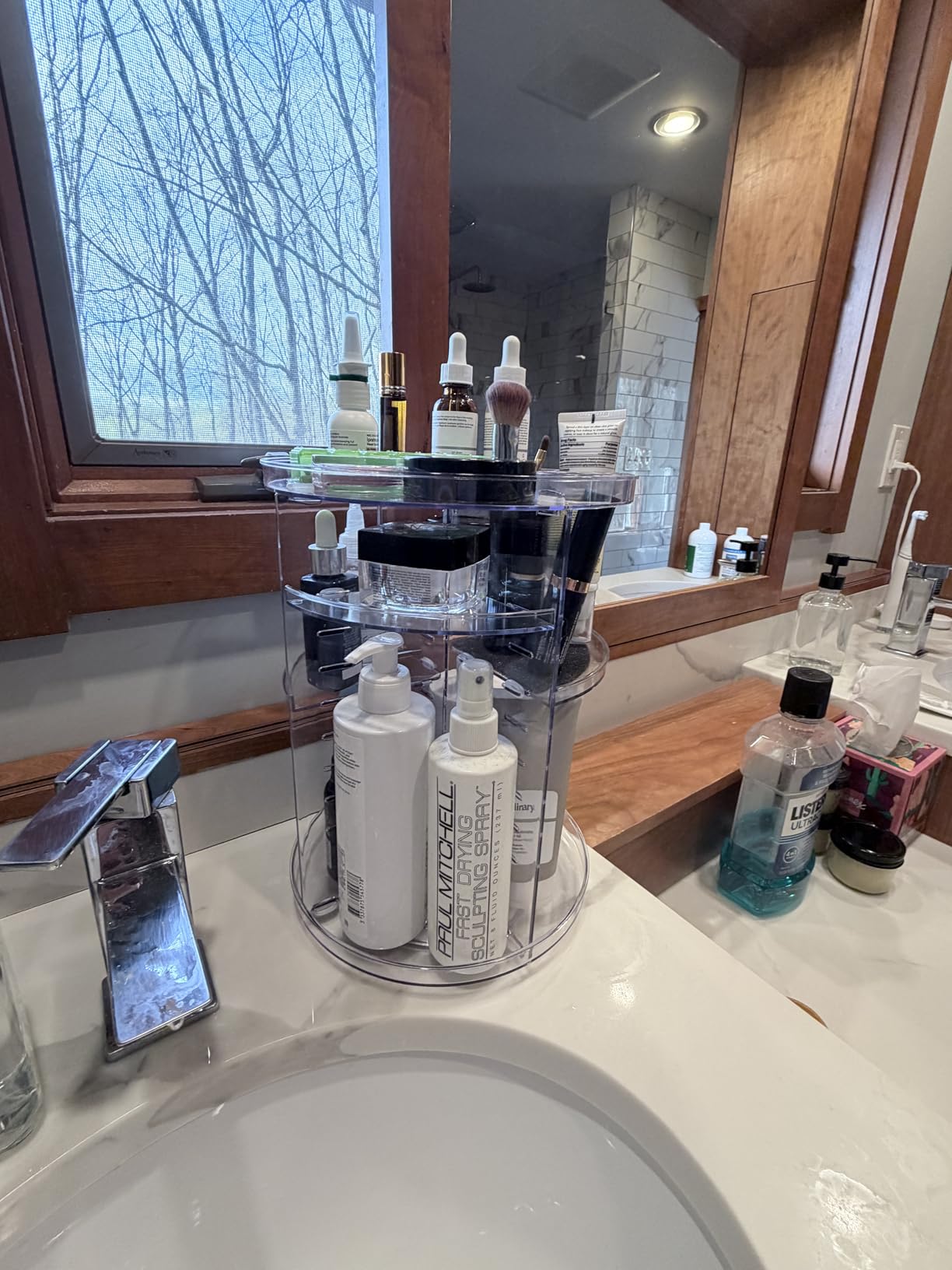 Rotating Makeup Organizer, DIY 8 Adjustable Layers Spinning Skincare Organizer, Cosmetic Display Case with Brush Holder Perfume Tray, Multi-Function Storage Carousel for Vanity Bathroom Countertop customer photo 2