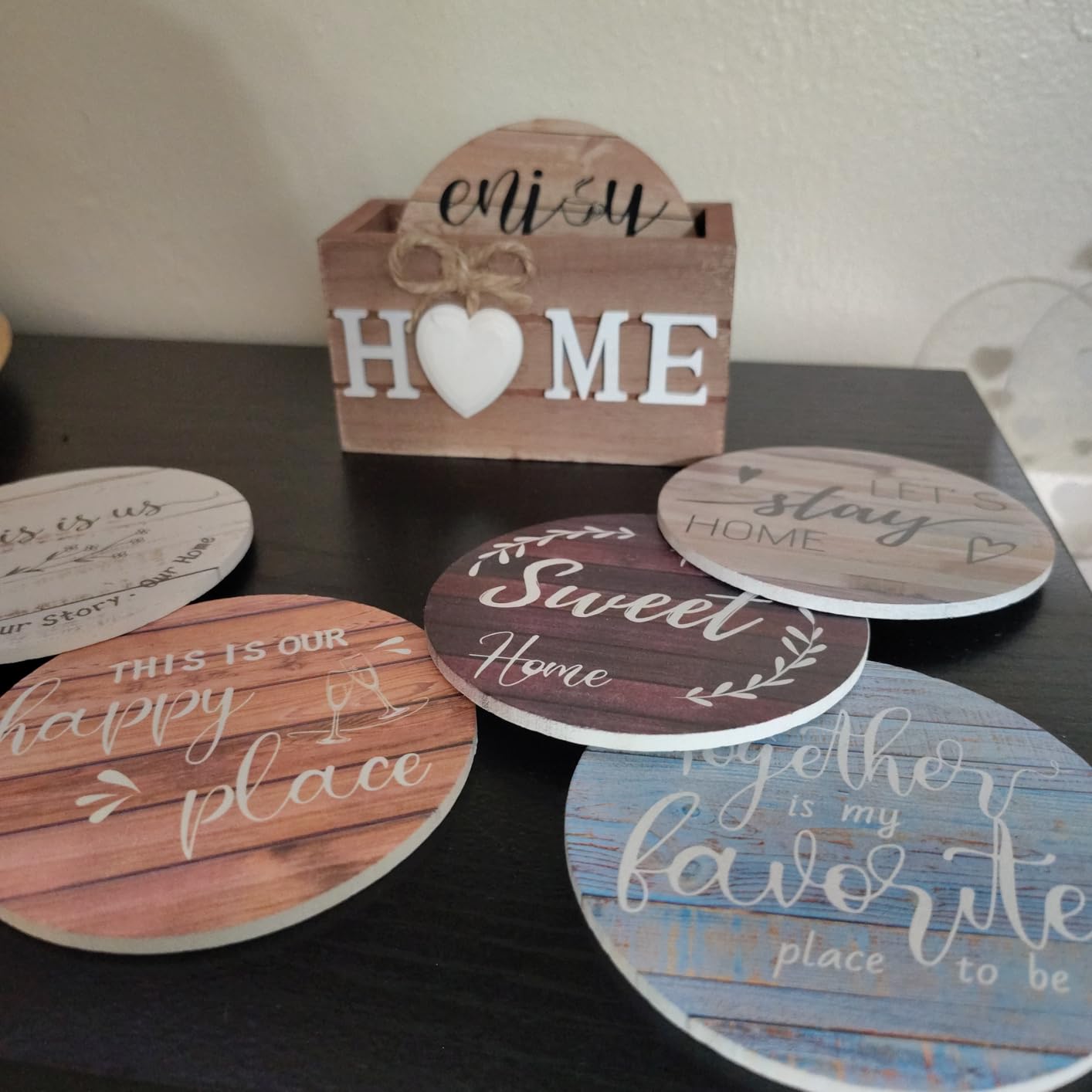 Queekay Coasters Set of 6 - House Warming Gifts New Home Wooden Farmhouse Drink Coasters customer photo 1