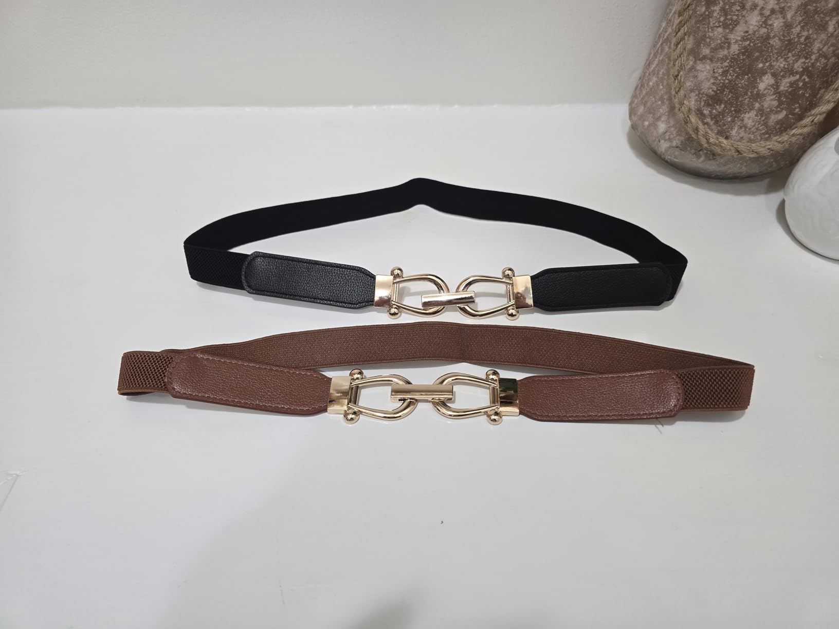 JASGOOD Women Stretchy Waist Belt Retro Elastic Skinny Belt for Ladies with Gold Buckle customer photo 2