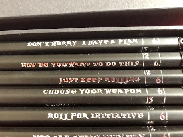 DND Pencils Set of 12 - Silver Foil Stamped with RPG Slogans & D6 Dice Numbers - Hexagon 2HB Tabletop Gaming Pencil with Eraser - Must-Have Tools, Accessories and Gifts for DM and Player (Style A) customer photo 1