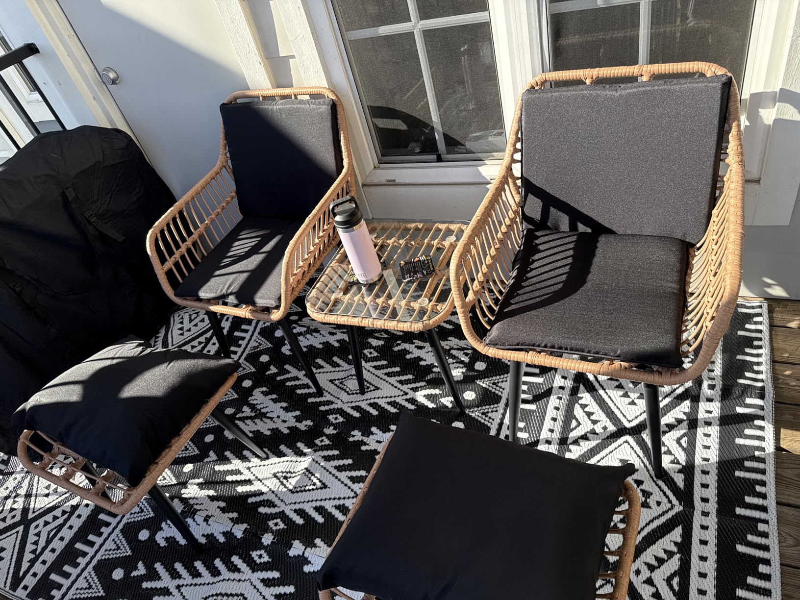 KROFEM 5 Piece Wicker Bistro Patio Conversation Furniture Set, Includes 2 Chairs, 2 Ottomans, and Side Table, Ideal for Porch, Balcony, Deck, Backyard, Natural customer photo 1