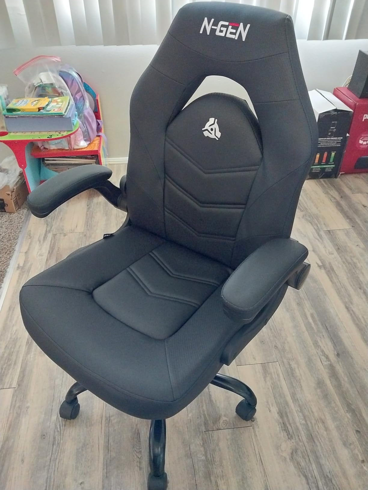 N-GEN Video Gaming Chair Ergonomic Computer Desk Office Chair with Lumbar Support Adjustable Height Swivel Wheels Flip-Up Arms PU Leather Home and Office (Black) customer photo 1