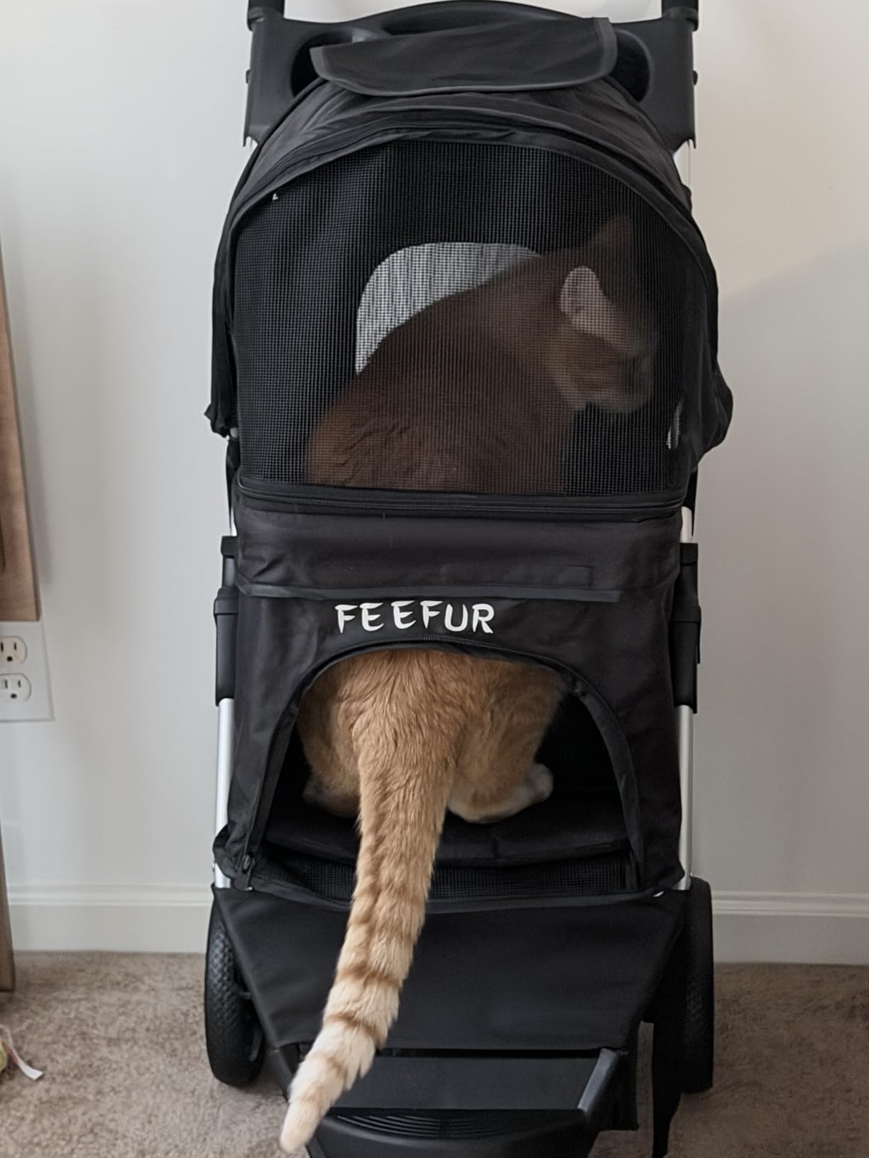 MoNiBloom Foldable Pet Stroller with Weather Cover, 3 Wheels Pet Strolling Cart for Small/Medium Dogs and Cats with Storage Basket and Cup Holder, Breathable and Visible Mesh for All-Season, Black customer photo 2