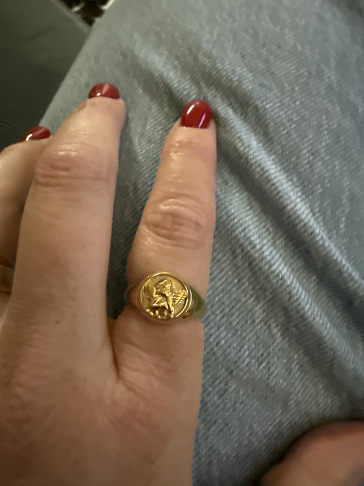 Gold Chunky Signet Stackable Pinky Ring for Women Men, Guardian Angel Cherub customer photo 2
