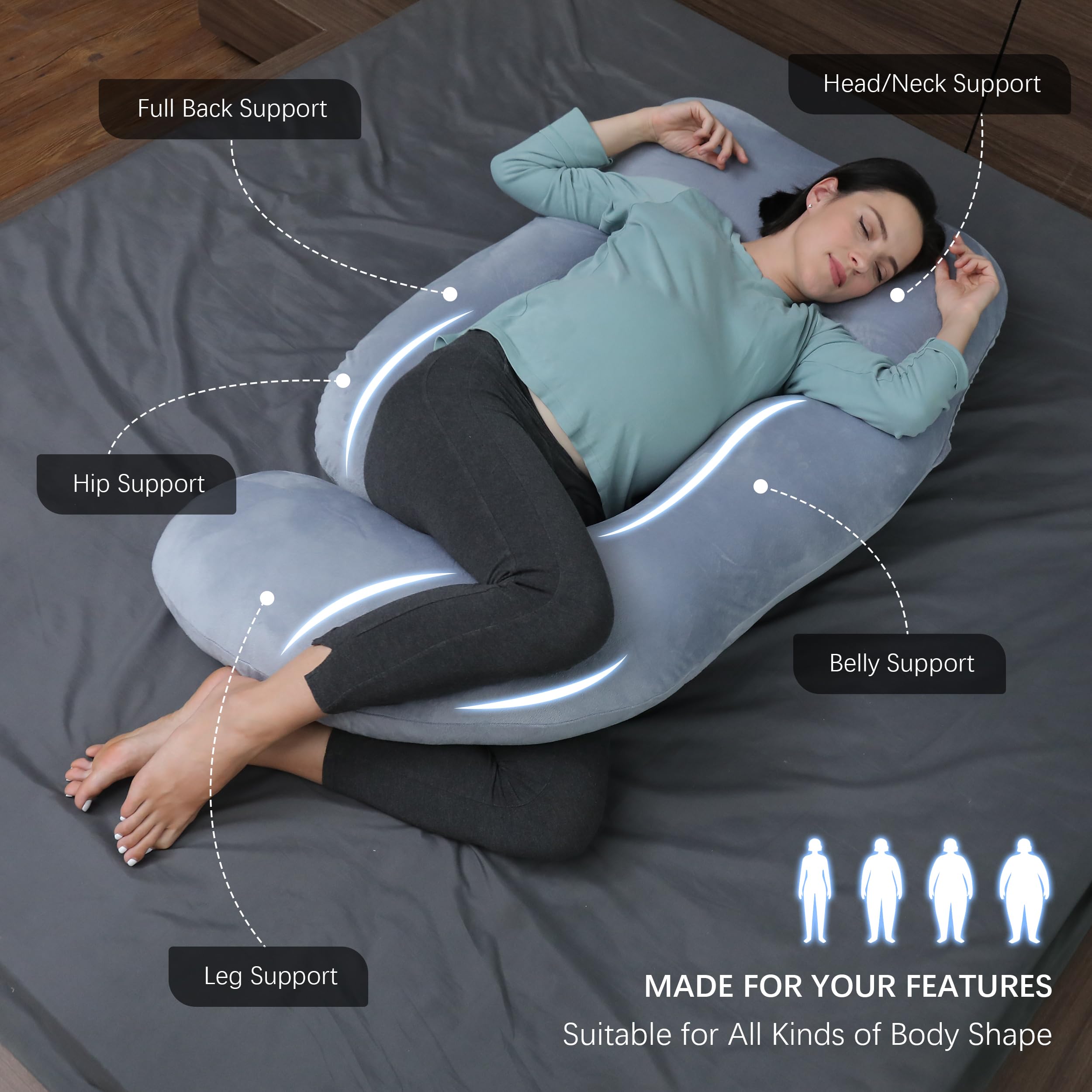 ALLOPERA 57 Inch Pregnancy Pillow for Sleeping, Full Body Support Pillow with Removable Washable Cover for Maternity Comfort, Black Grey Velvet Cover customer photo 2
