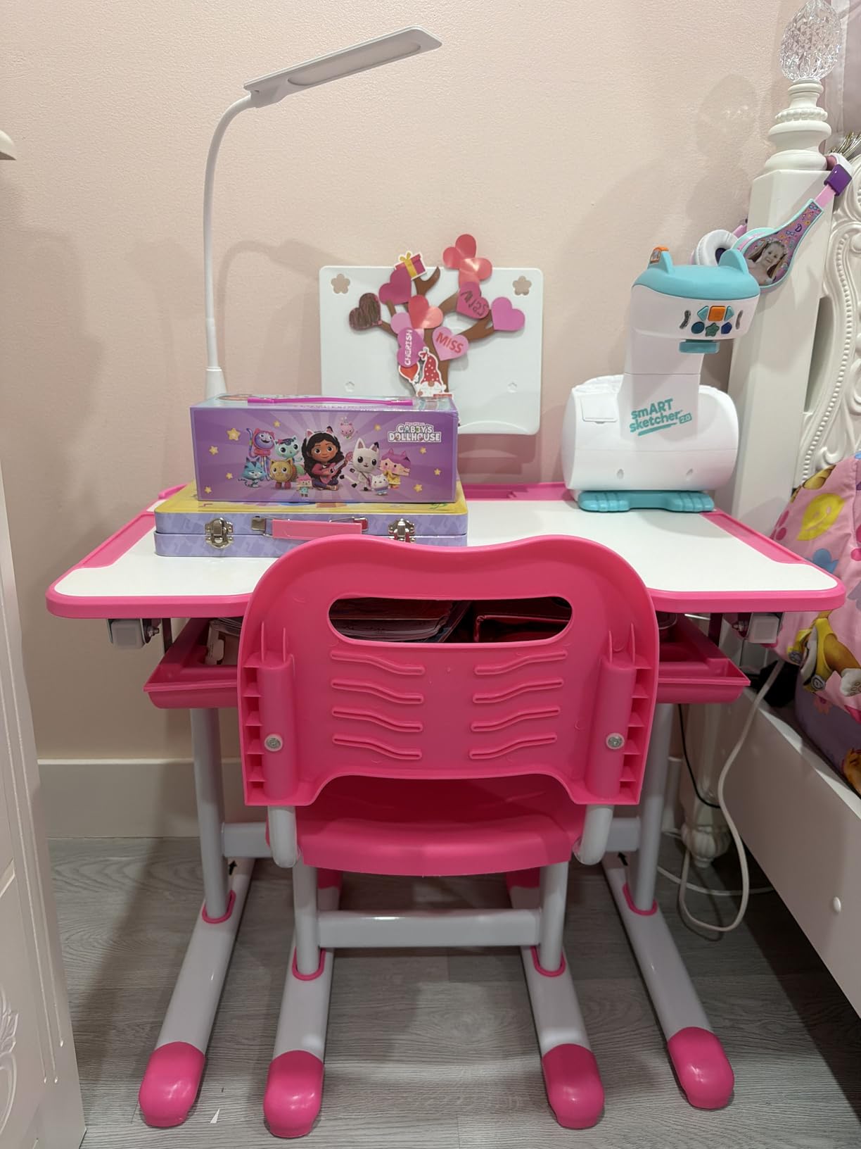 Diroan Kids Functional Desk and Chair Set, Ergonomic Height Adjustable Children School Study Desk with Tilt Desktop, Book Stand, LED Light, Metal Hook and Storage Drawer for Boys Girls(Grey) customer photo 2