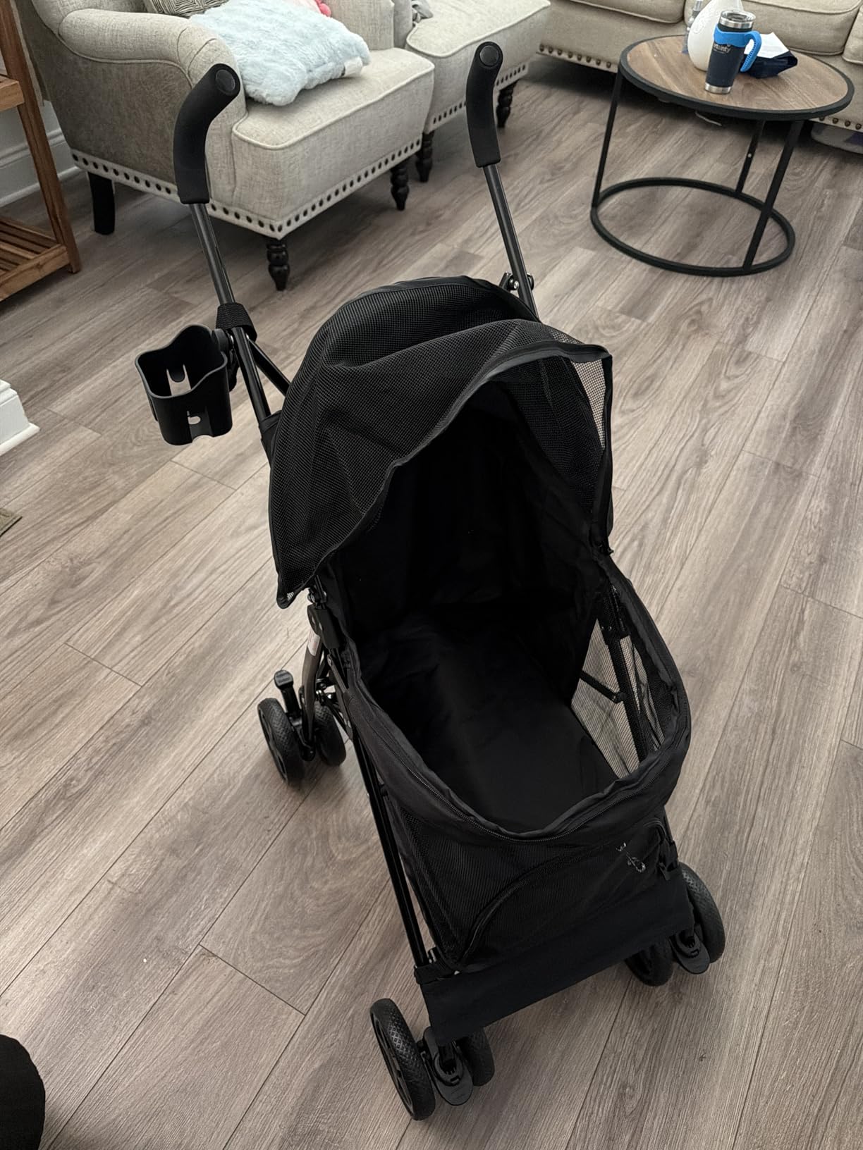 MoNiBloom 4 Wheels Pet Stroller, Easy-Fold Puppy Cage Jogger Stroller with Sun Cover, Pad and Rear Storage Bag, Breathable and Visible Mesh for Small/Medium Pets up to 22 lbs, Black customer photo 2