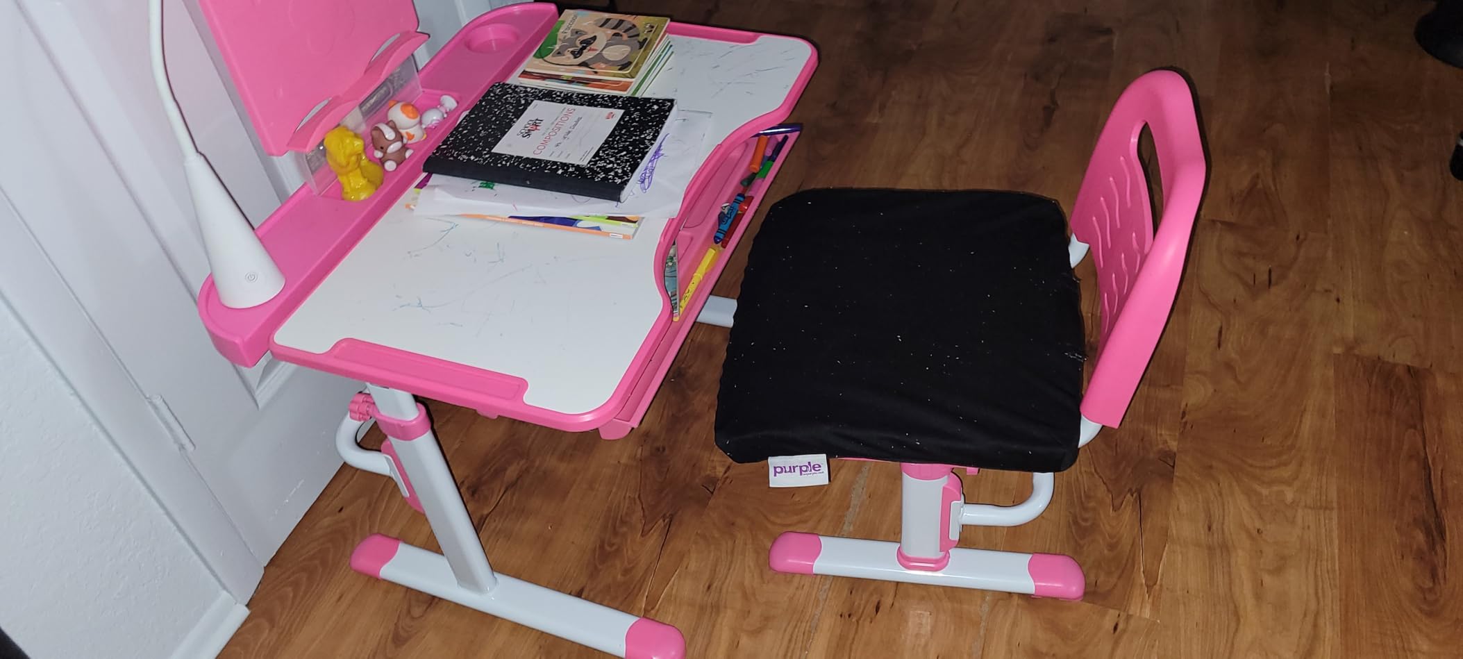 Real Relax Kids Desk and Chair Set, Children's Multifunctional School Tables with Tilt Desktop, LED Light, Metal Hook Grey customer photo 1