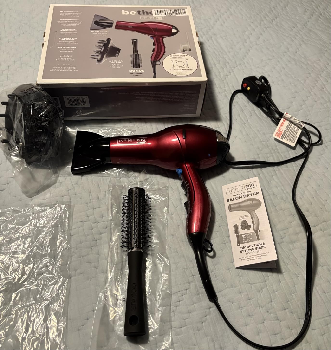 Infiniti PRO CONAIR Hair Dryer with Diffuser, Professional AC Motor, Tourmaline Ceramic Technology Blow Dryer, Includes Concentrator and Blowout Brush, Amazon Exclusive, Gray customer photo 1