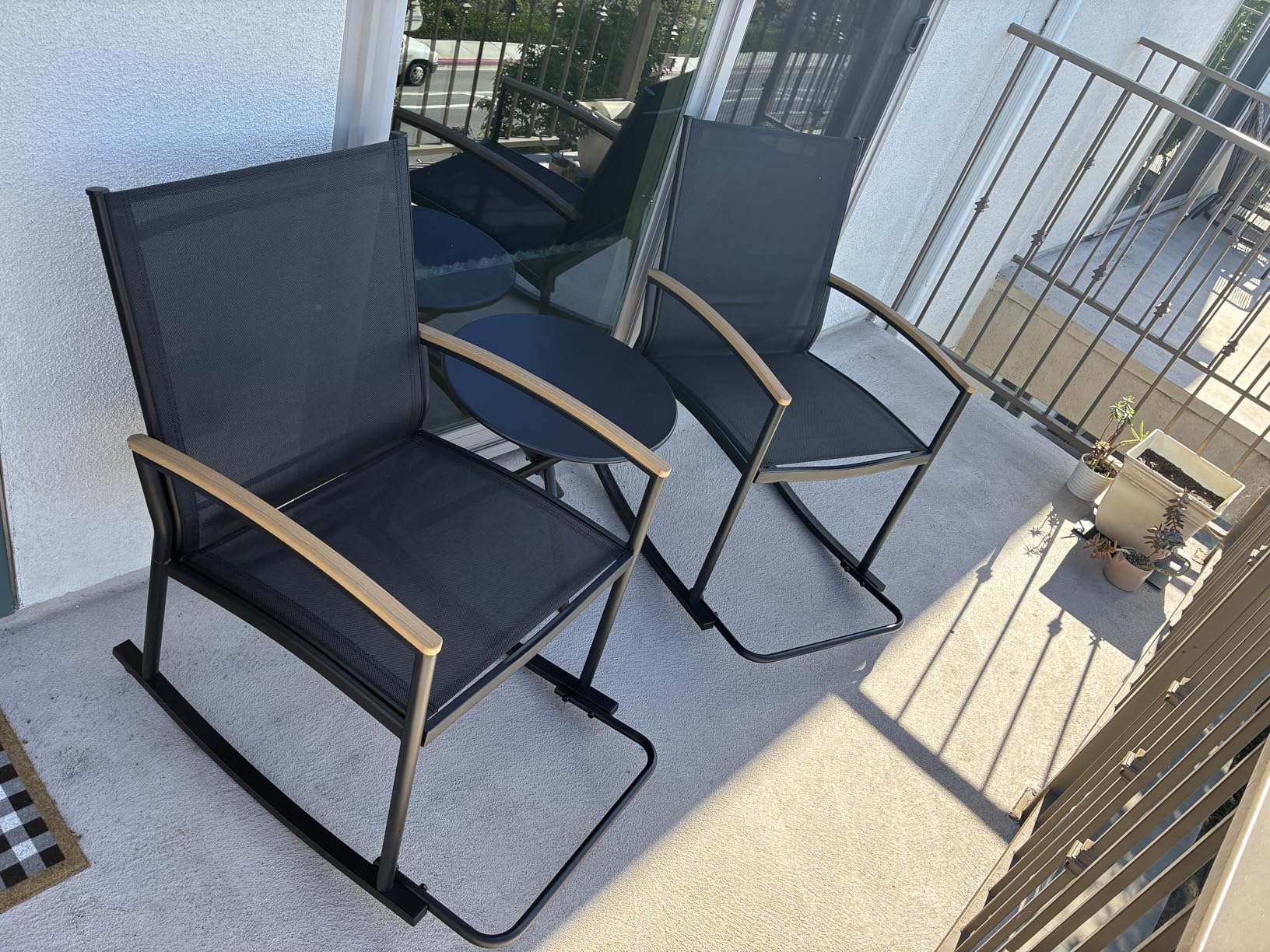 Shintenchi 3 Piece Outdoor Rocking Bistro Set, Textilene Fabric Small Patio Furniture Set, Front Porch Rocker Chairs Conversation Set with Table for Lawn, Garden, Balcony, Poolside (Black) customer photo 2