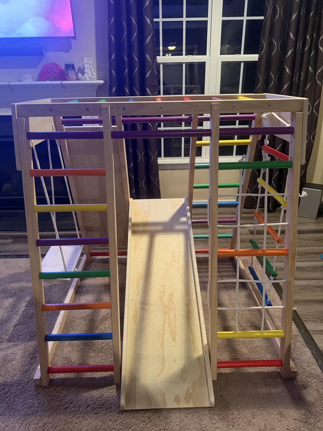 EDOSTORY 7 in 1 Pikler Indoor Playground Jungle Gym Playset, Wooden Montessori Climber with Slide, Rock Climb Wall, Monkey Bars, Rope Ladder, Climbing Rope and Swing for Kids (Rainbow) customer photo 2