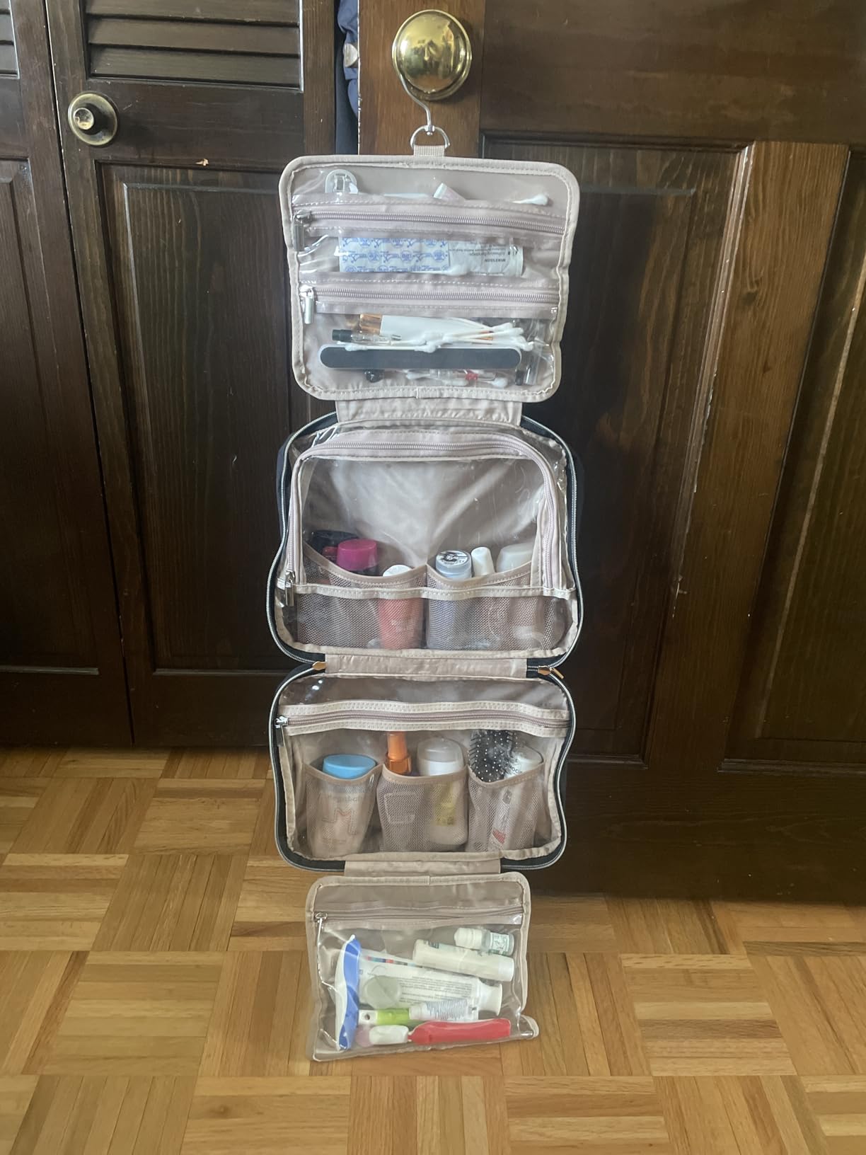 NISHEL Travel Toiletry Bag for women, Portable Hanging Organizer for Travel-Sized Shampoo, Conditioner, Brushes Set, makeup Accessories, Medium Size, Pink customer photo 2