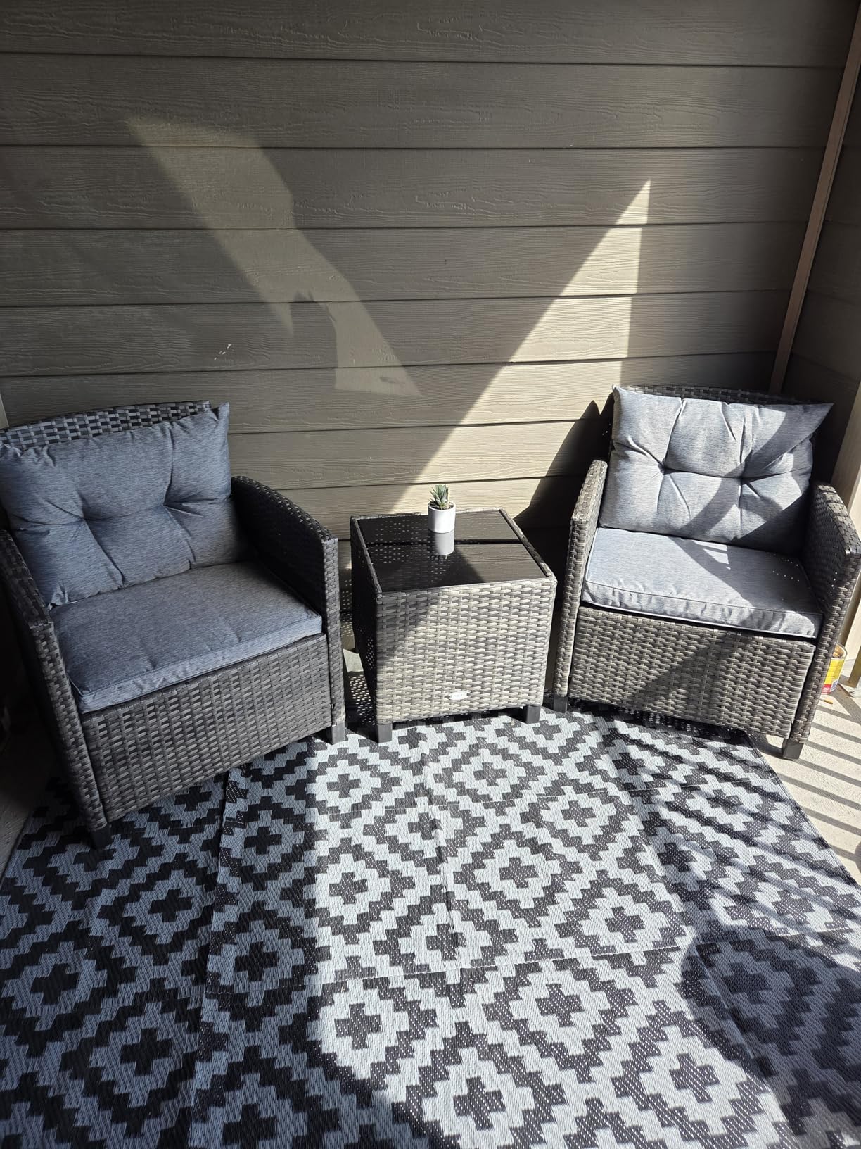 KOTEK 3 Piece Patio Furniture Set, Outdoor PE Rattan Conversation Set with Washable Cushions & Tempered Glass Tabletop, Wicker Chairs and Table Set for Porch, Garden, Balcony (Grey) customer photo 2
