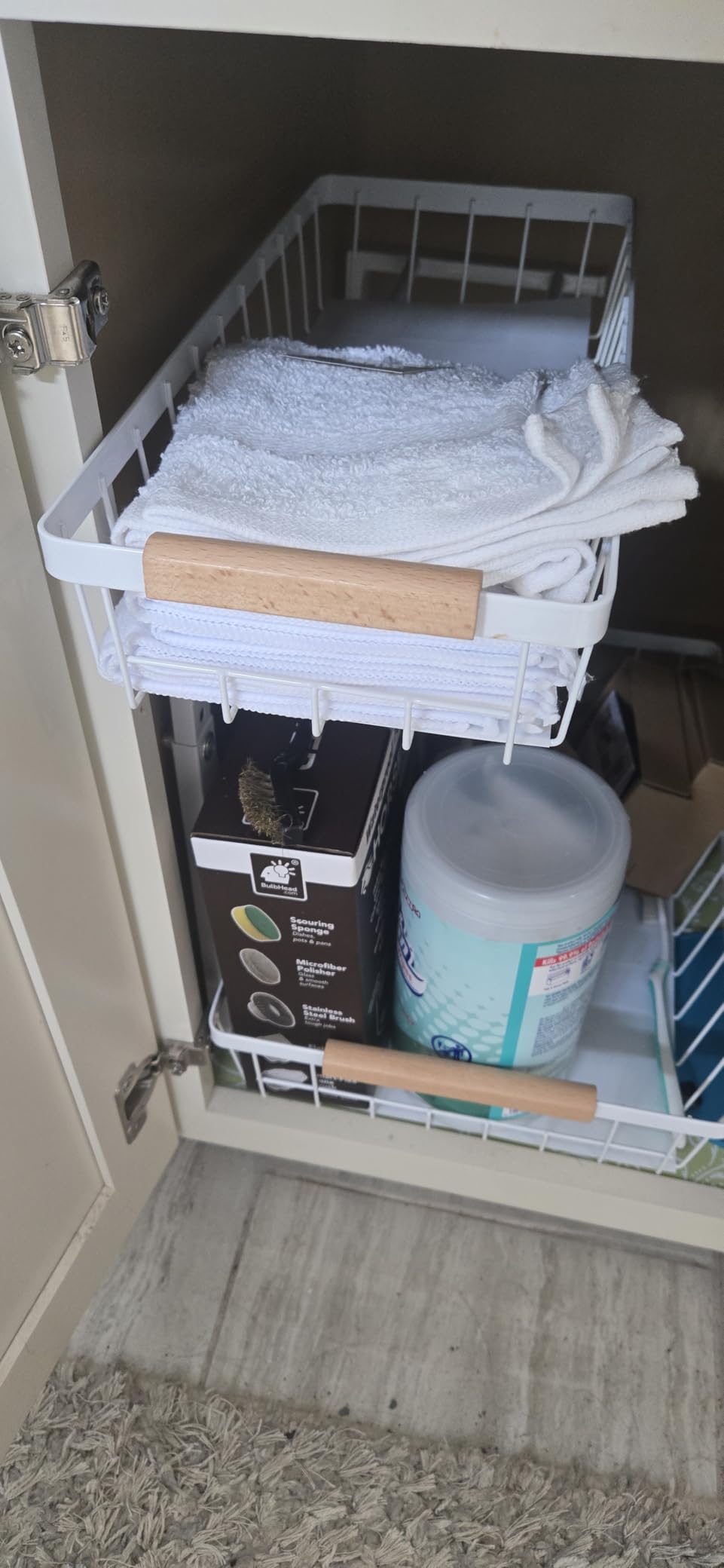 PXRACK Under Sink Organizer, Adjustable Height, 2 Tier Pull Out Under Cabinet Organizer, Slide Out Thickened Metal Under Sink Storage for Kitchen Bathroom Laundry Pantry Cabinet, White, Large-2-Pack customer photo 1
