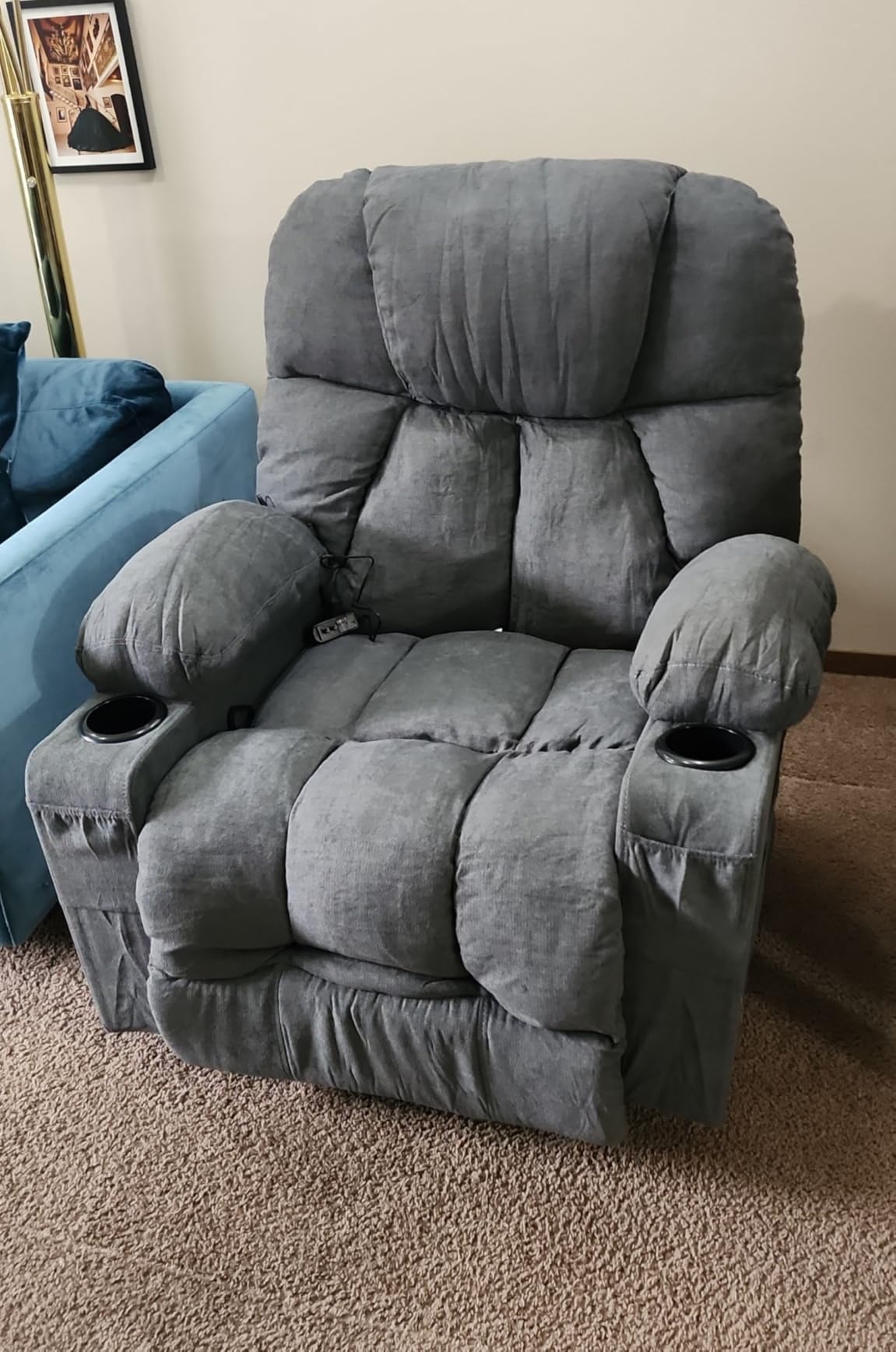 Massage Rocker Recliner Chair with Heat and Vibration Ergonomic Rocking Lounge Chair for Living Room Comfy Overstuffed Recliner with 4 Side Pockets, 2 Cup Holders, Grey customer photo 1