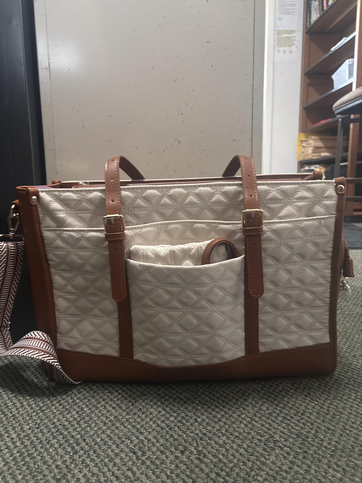 IGOLUMON Laptop Bag for Women 15.6 Inch Vegan Leather Work Tote Bag Quilted Womens Briefcase Designer Laptop Bags for Office Teacher College Cute Computer Bag with Purse Professional Beige & Brown customer photo 2
