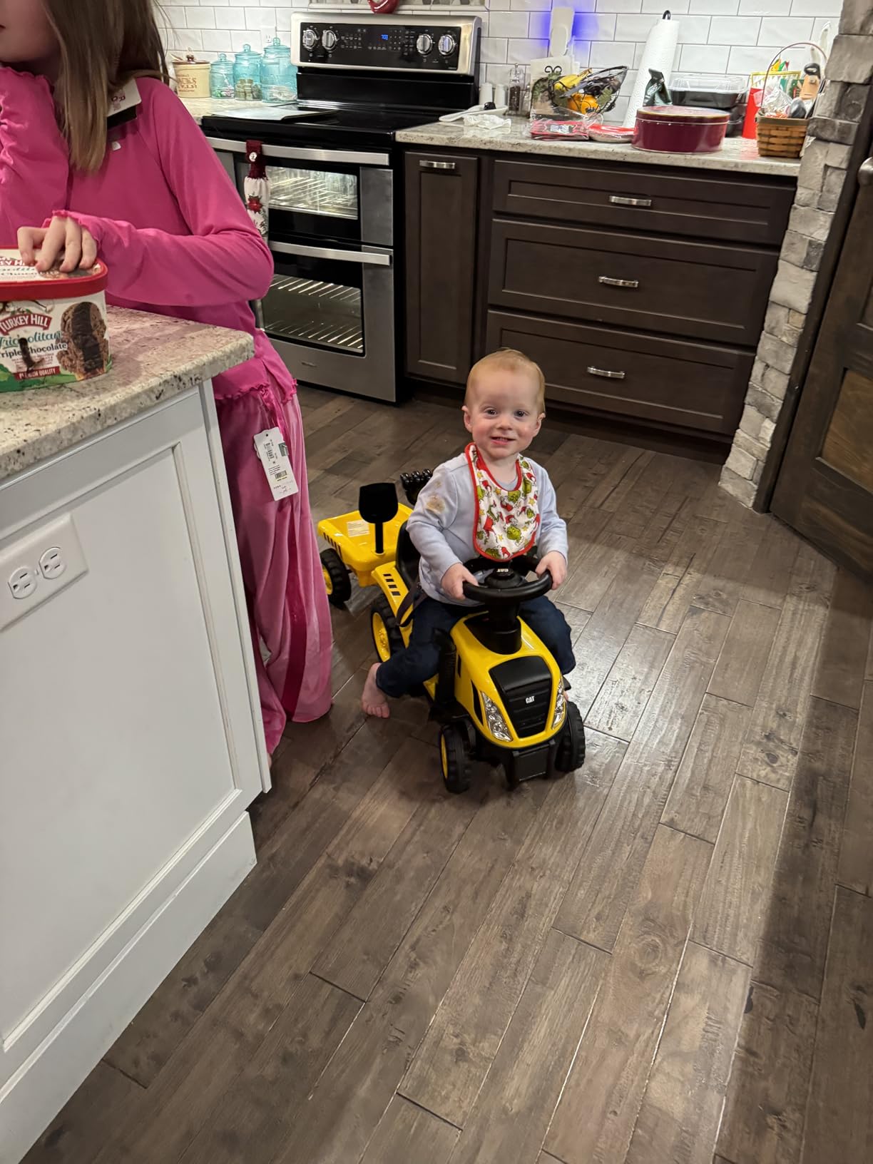 Costzon Kids Ride on Tractor, 2-in-1 Licensed Caterpillar Ride on Push Car w/Detachable Trailer, Horn, LED Lights, Rake & Shovel, Foot-to-Floor Sliding Car Gift w/No Power, Ride on Toy for Toddlers customer photo 1