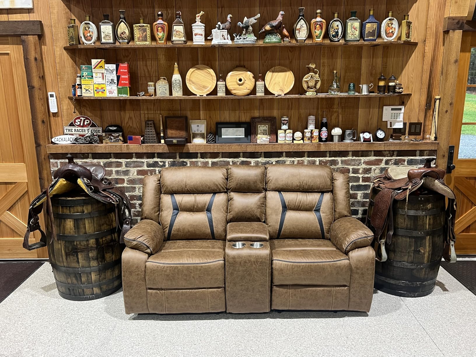 EBELLO Faux Leather Manual Loveseat Recliner, 2 Seat Reclining Sofa Chair with Center Console, Hidden Storage and Cup Holders, Daul Recliner for Living Room, Meeting Room, Brown customer photo 1